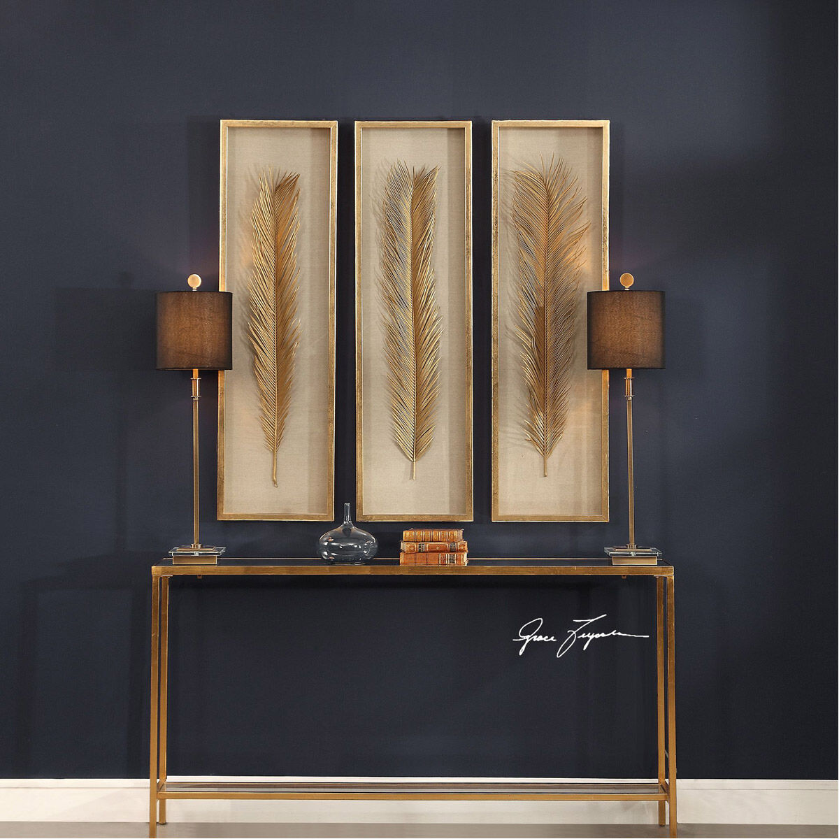 Palma Gold and Neutral Linen with Gold Leaf Shadow Boxes, Set of 3