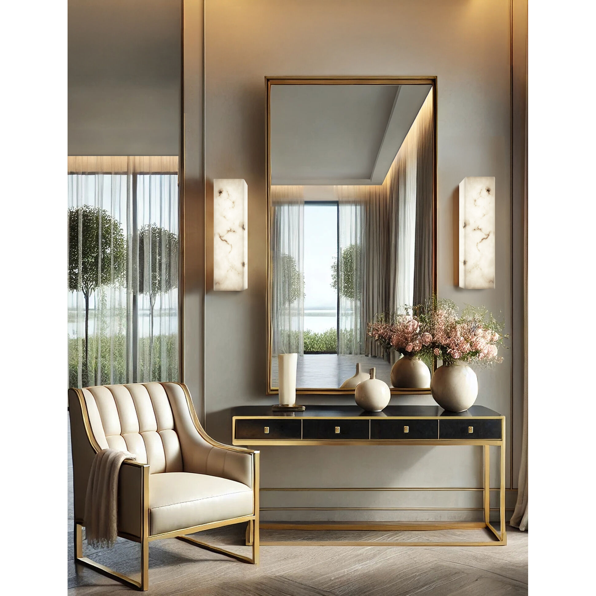 LumenAria Wall Sconce Wall Light in Brushed Brass, Faux Alabaster