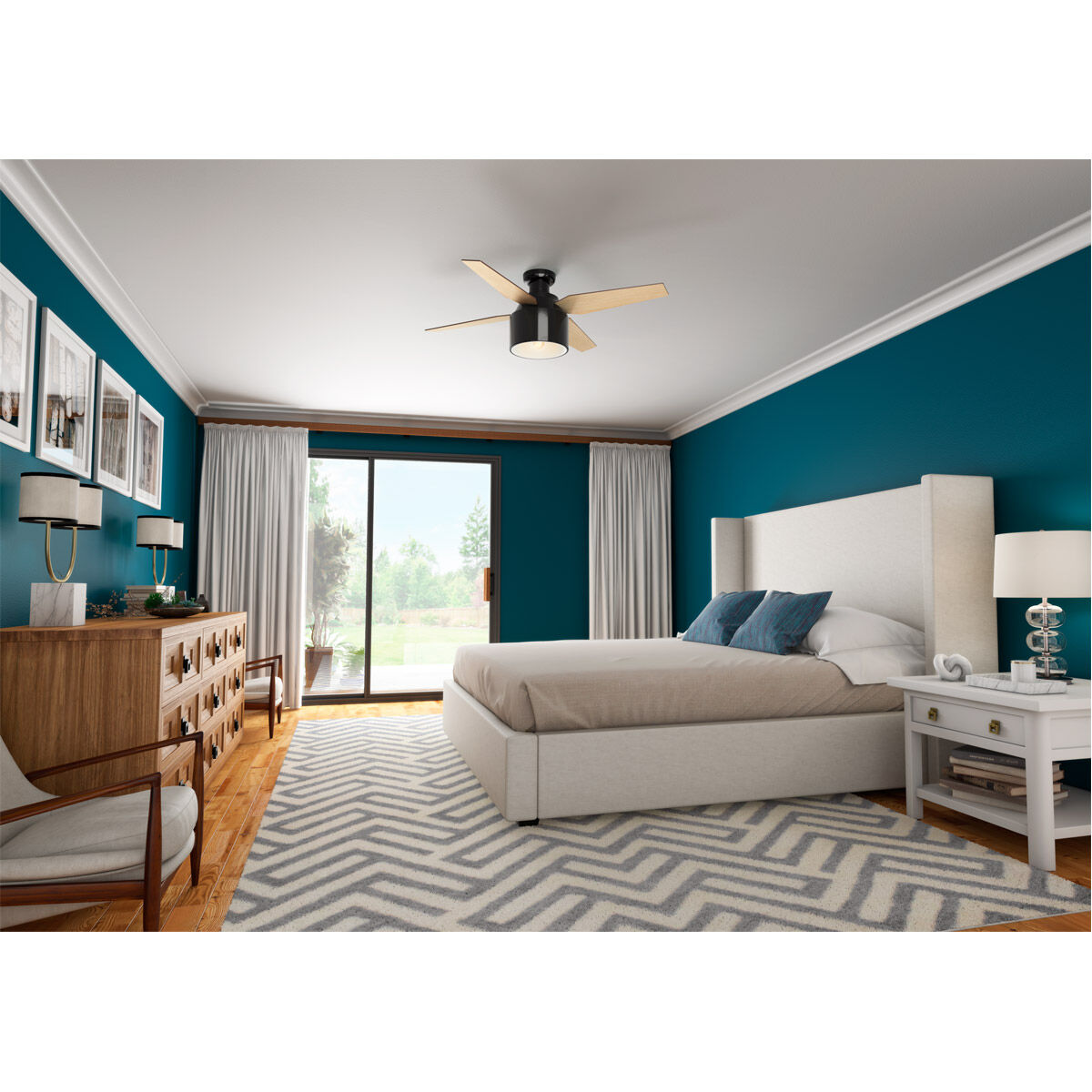 Cranbrook 52 inch Gloss Black with Mid Century Walnut/Blonde Oak Blades Ceiling Fan, Low Profile