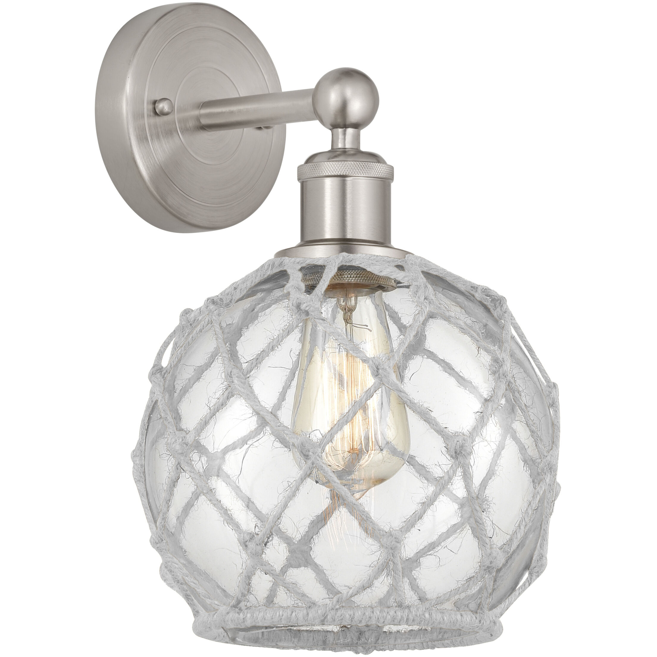 Edison Farmhouse Rope Armed Sconce Wall Light in Brushed Satin Nickel, Clear Glass with White Rope