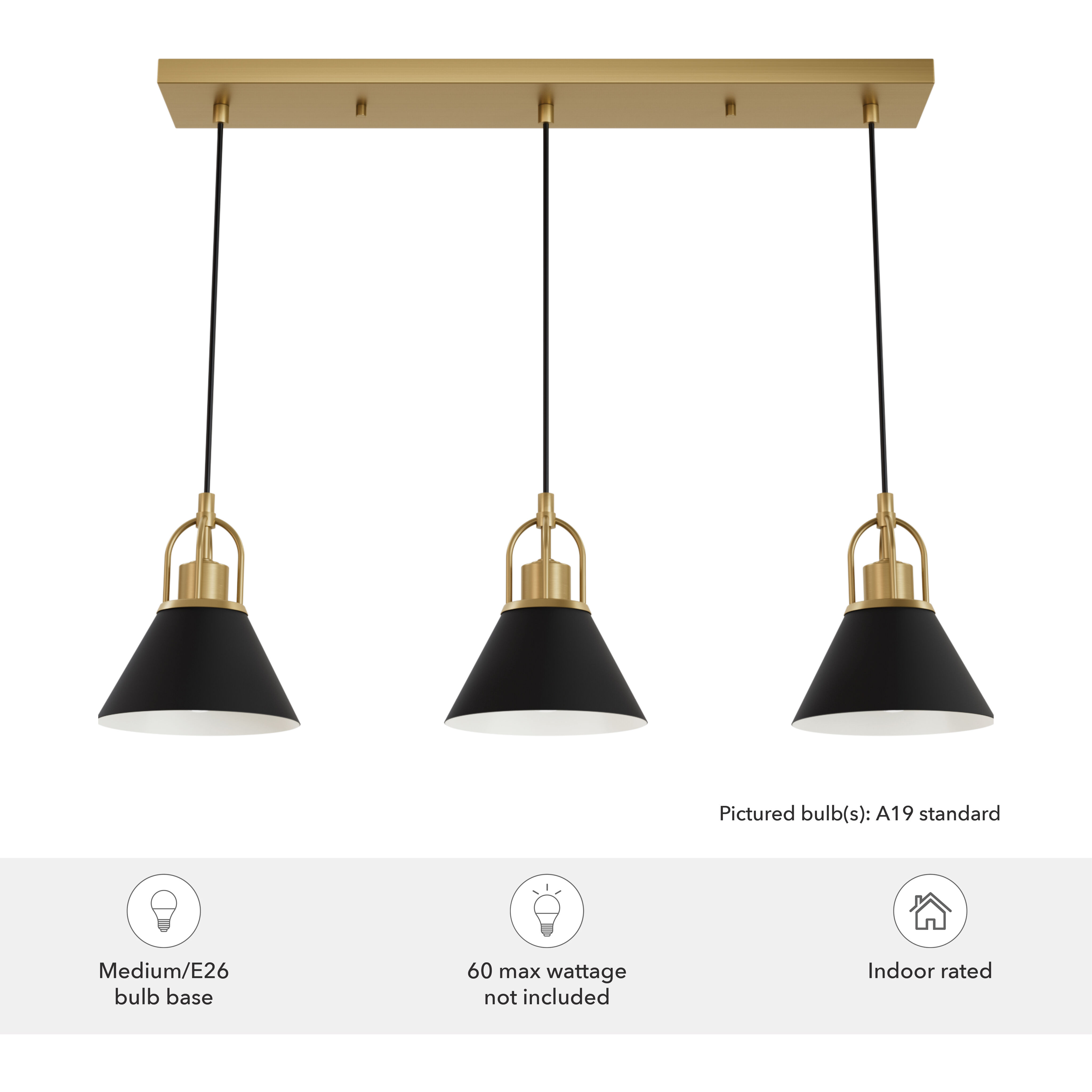 Carrington Isle 3 Light 31.25 inch Luxe Gold and Flat Matte Black Linear Pendant Ceiling Light, Medium