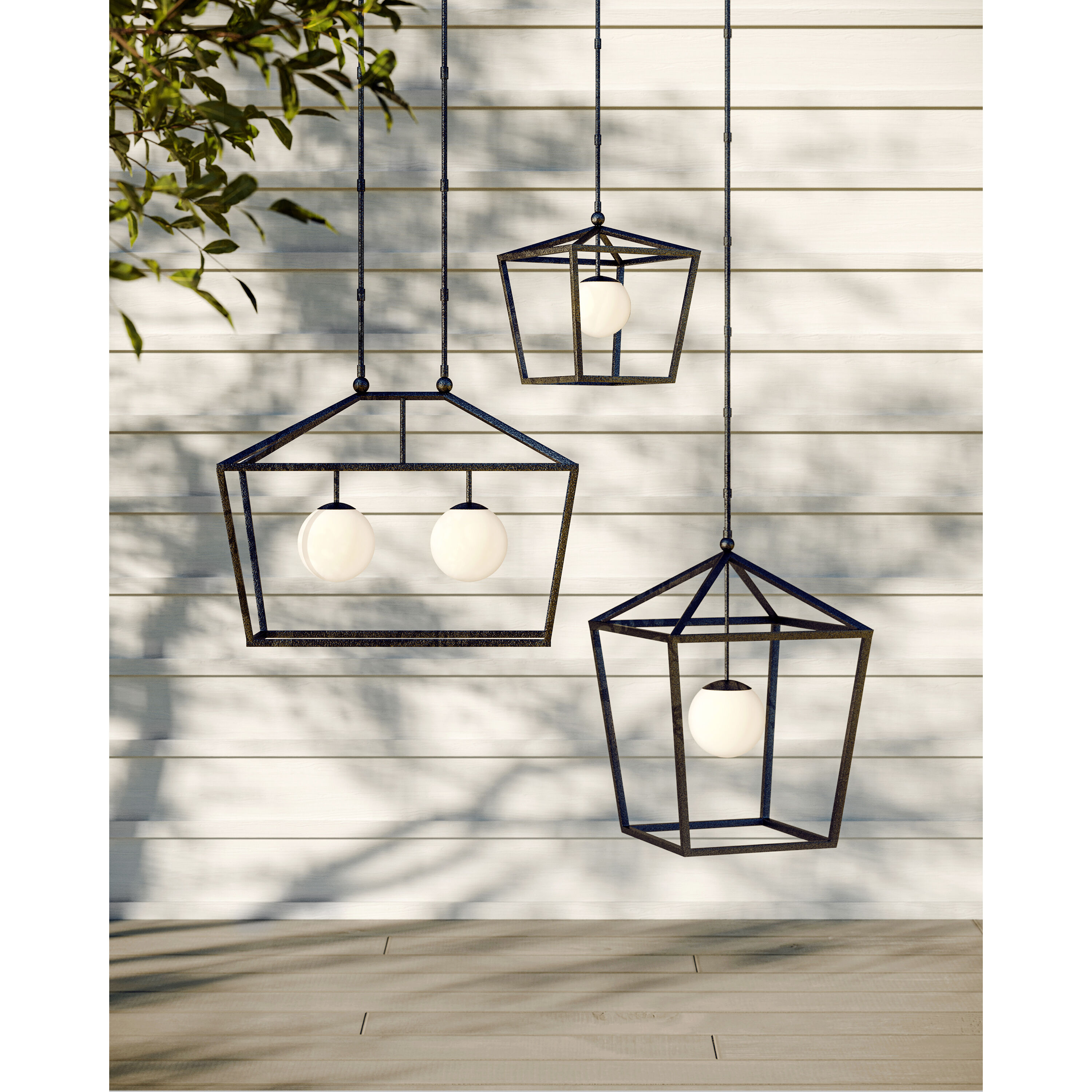 Denison 2 Light 36 inch Black/Frosted White Outdoor Linear Lantern Pendant