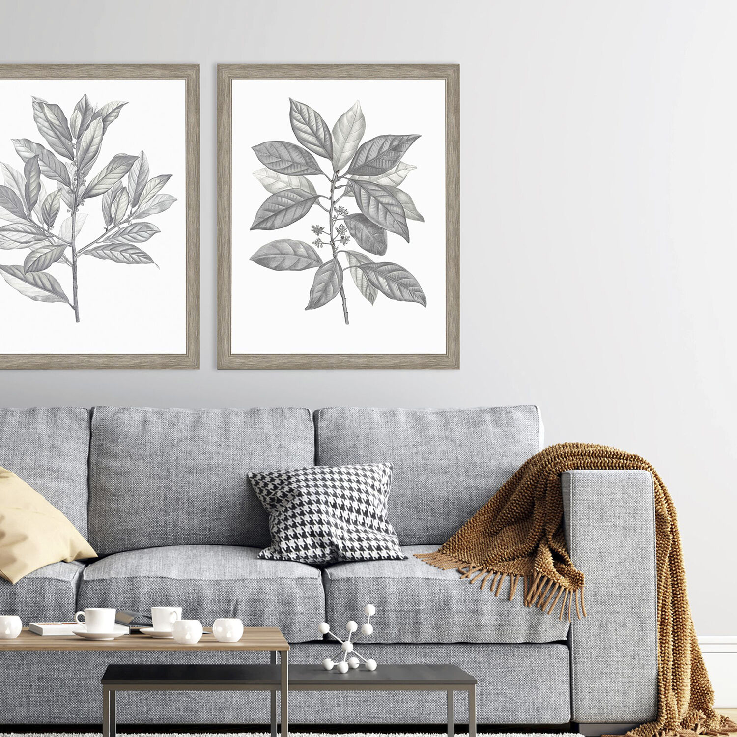 Silvered Leaves Gray and Brown and Green and Neutral Framed Art