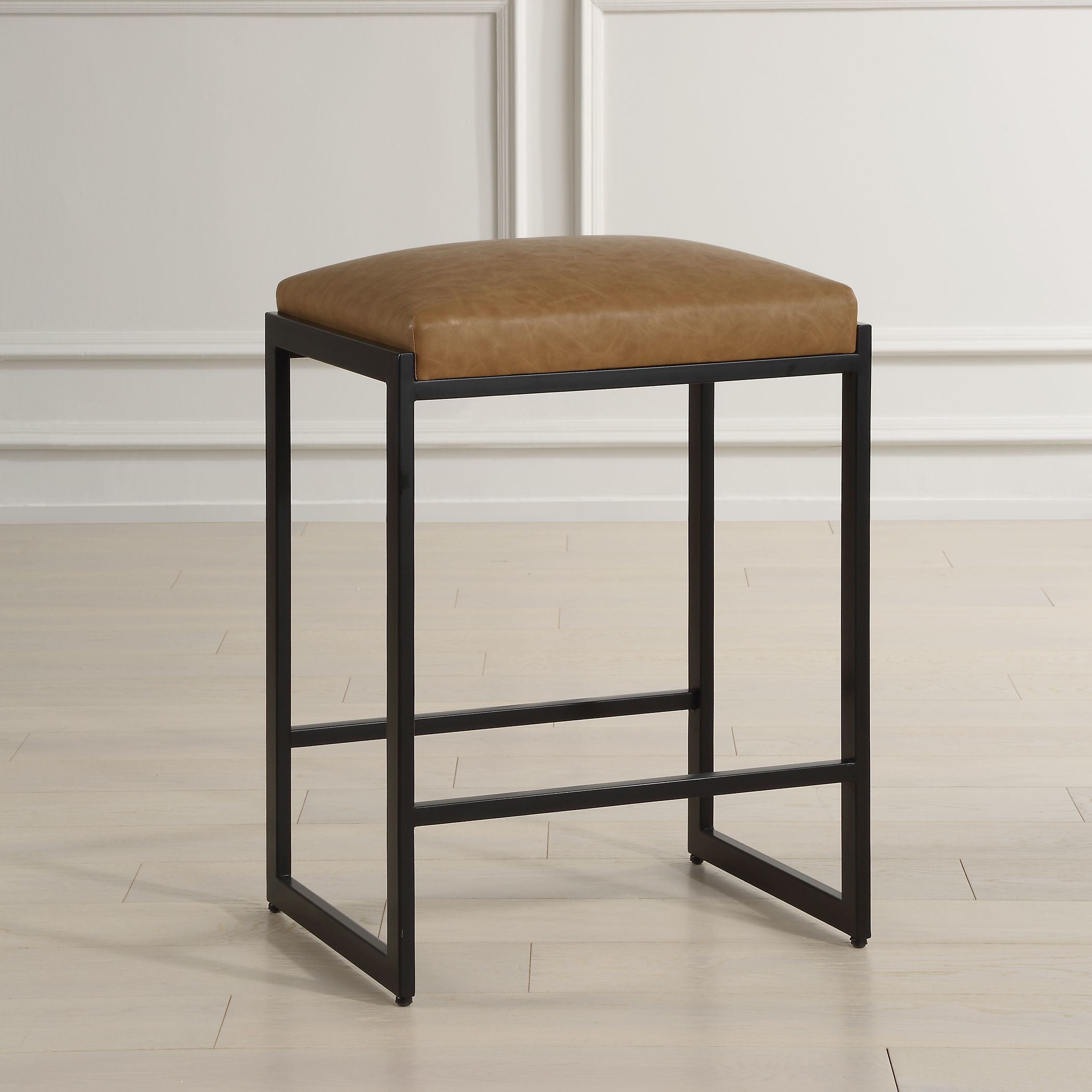 Atticus 25.75 inch Satin Black with Camel Faux Leather Counter Stool