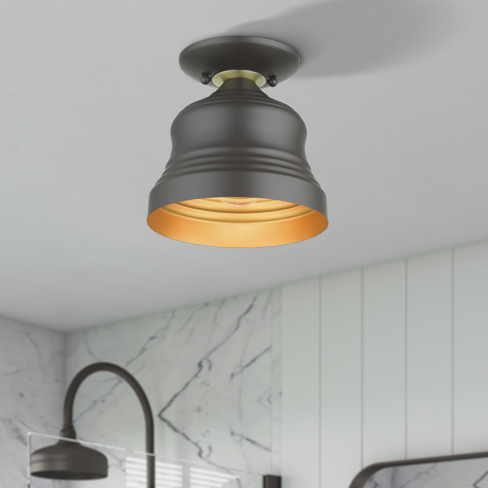 Endicott 1 Light 7 inch Bronze with Antique Brass Finish Accents Bell Semi-Flush Ceiling Light in Bronze with Antique Brass Accents, Petite