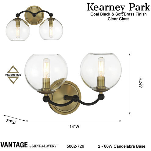 Vantage Kearney Park 2 Light 14 inch Coal and Soft Brass Bath Vanity Wall Light