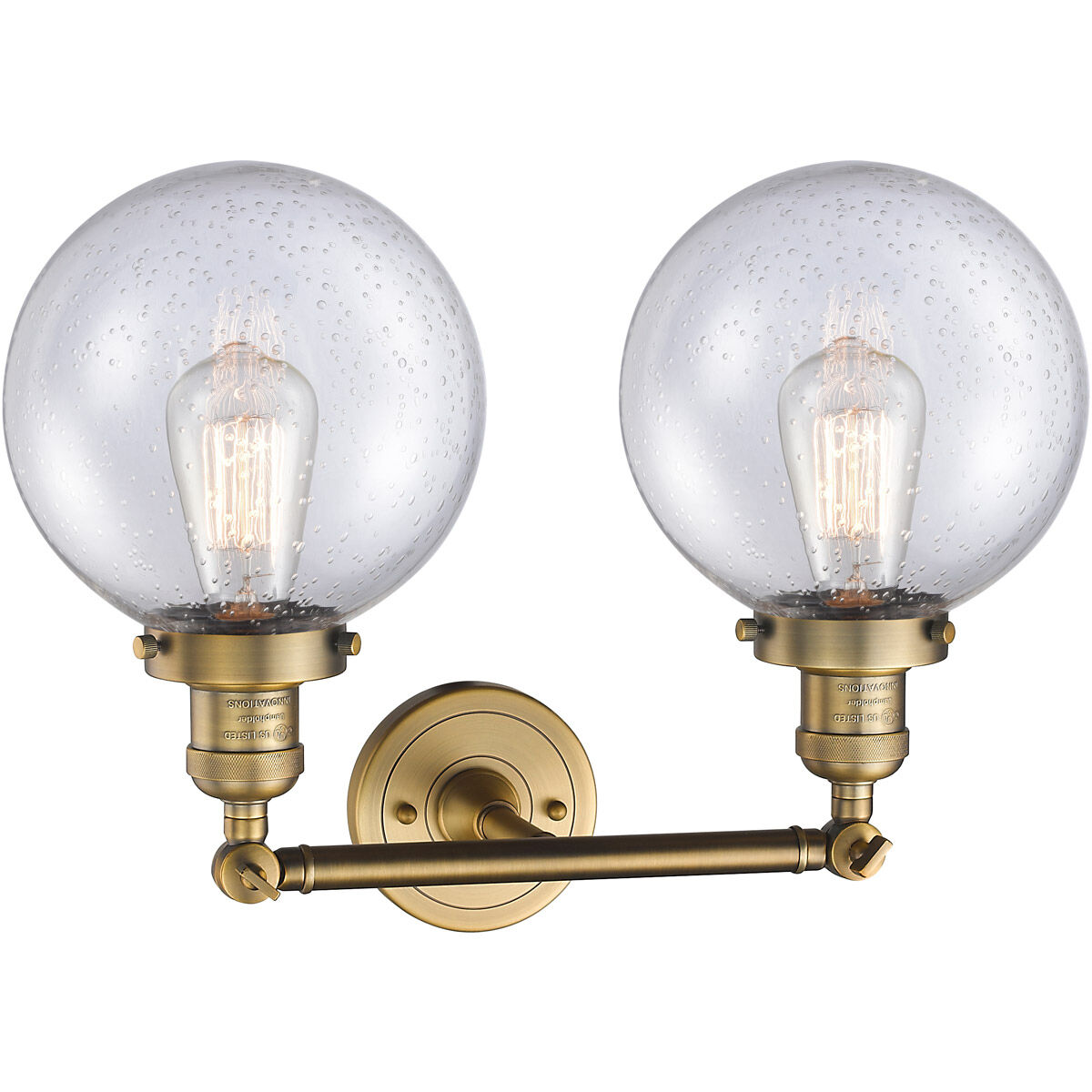 Franklin Restoration Large Beacon 2 Light 19 inch Brushed Brass Bath Vanity Light Wall Light in Seedy Glass, Franklin Restoration