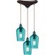 Hammered Glass 3 Light 10 inch Oil Rubbed Bronze Mini Pendant Ceiling Light in Hammered Aqua Glass
