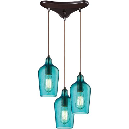 Hammered Glass 3 Light 10 inch Oil Rubbed Bronze Mini Pendant Ceiling Light in Hammered Aqua Glass