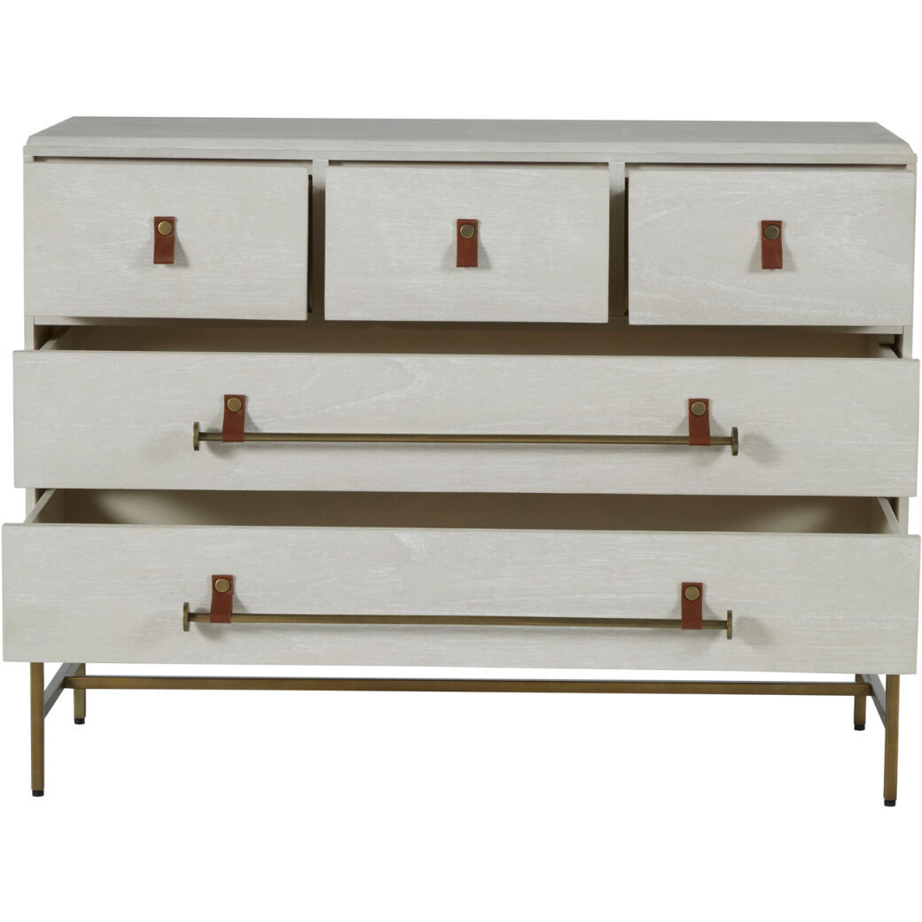 Maya Cerused White / Stained Brass / Caramel Brown Leather Dresser