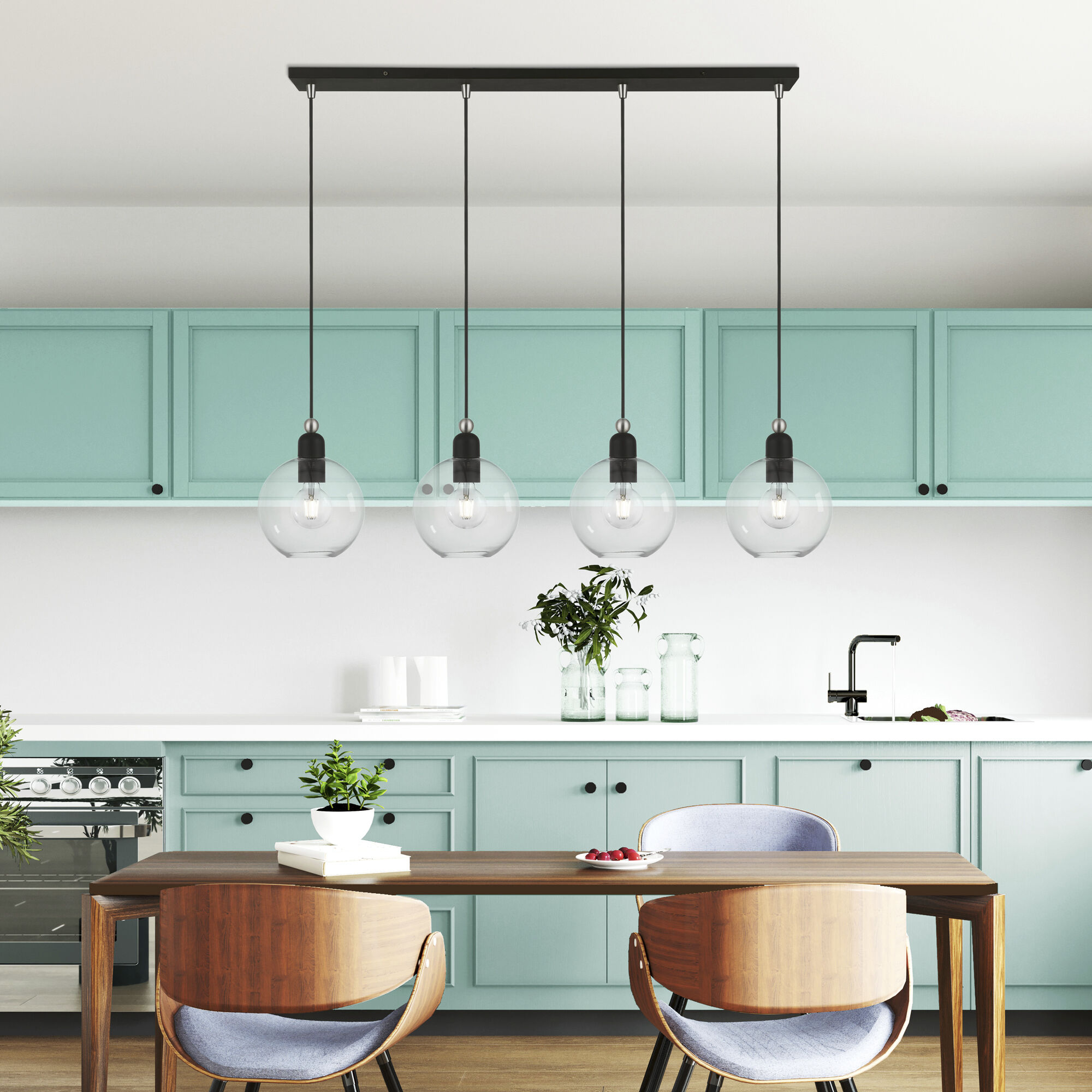 Downtown 4 Light 44 inch Black with Brushed Nickel Accents Linear Chandelier Ceiling Light, Sphere