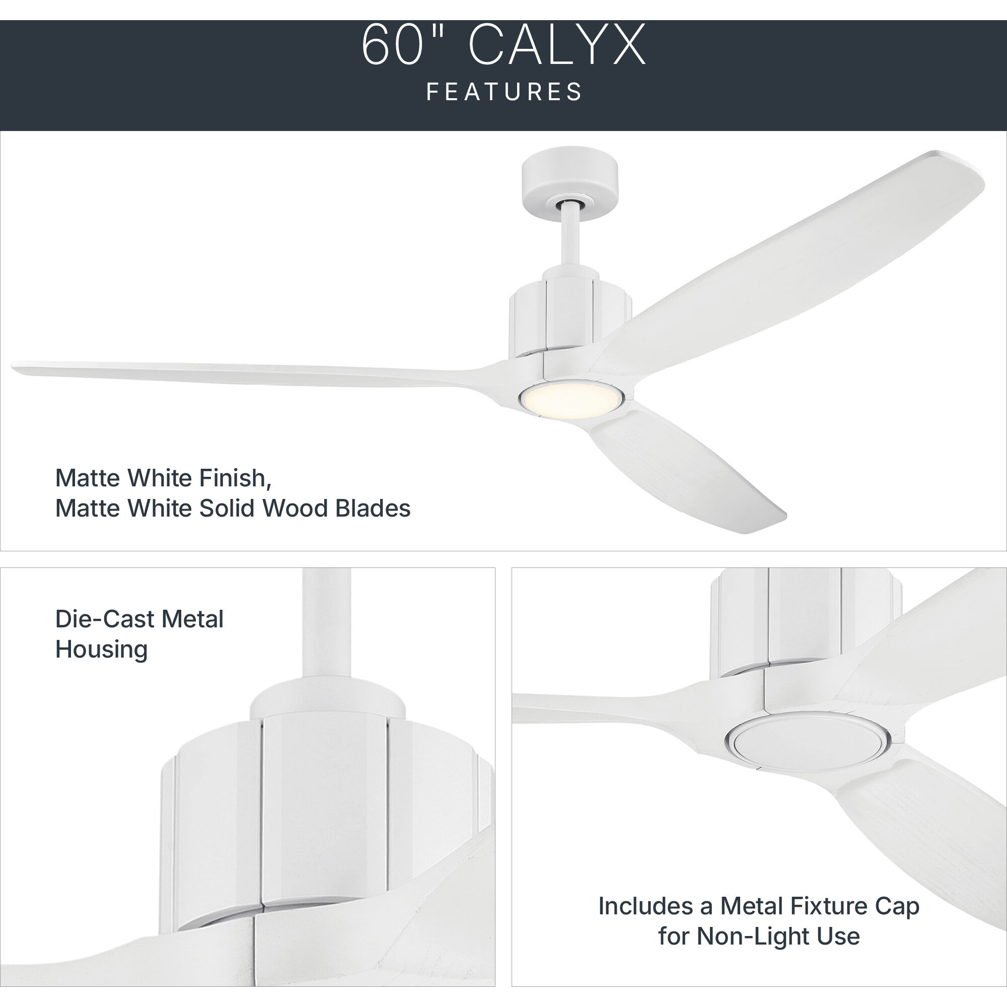 Calyx 60 inch Matte White with Solid Wood Matte White Blades Indoor Ceiling Fan