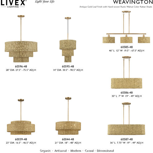 Weavington 3 Light 30 inch Antique Gold Leaf Linear Chandelier Ceiling Light, Medium