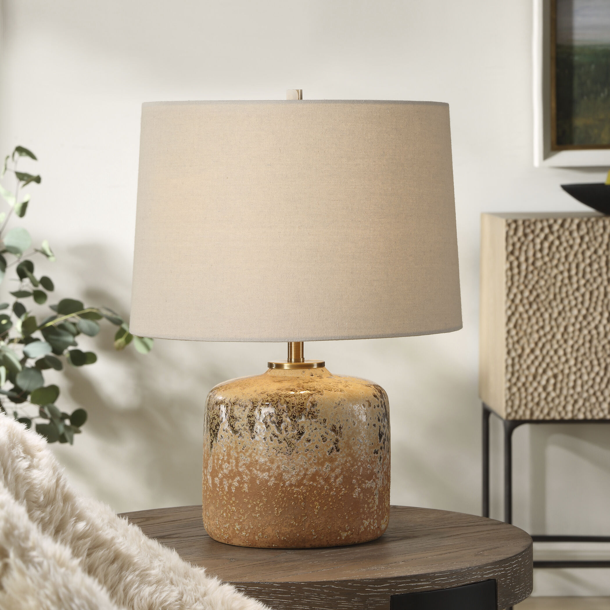 Canyon 17.75 inch 100.00 watt Chocolate and Tan Mottled Glaze with Brushed Antique Brass Table Lamp Portable Light