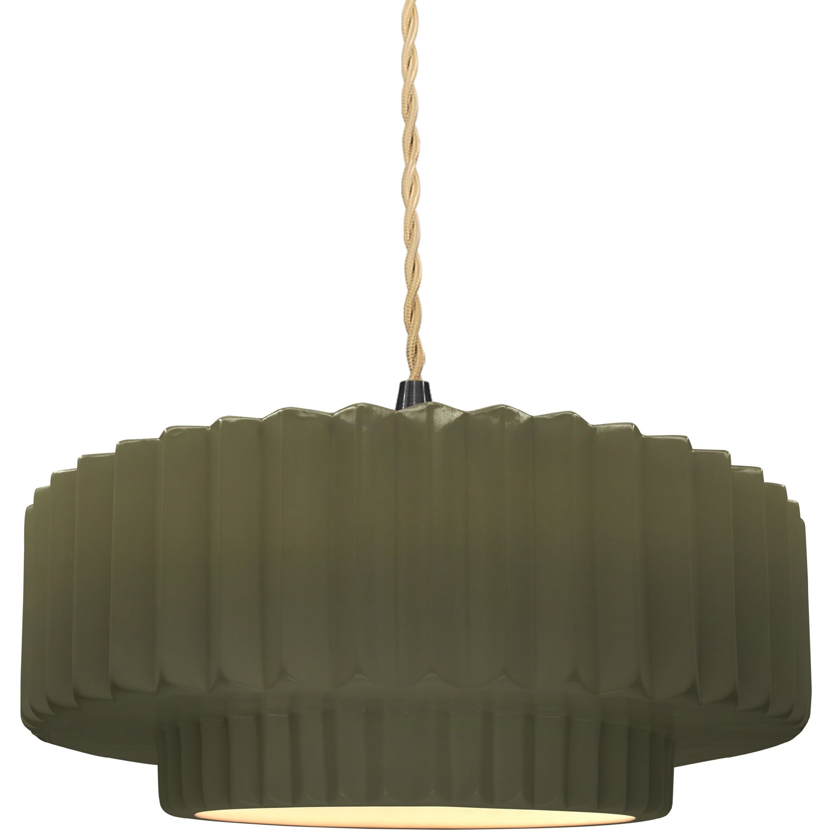 Radiance Collection - Pleated Tier Pendant Ceiling Light in Matte Black, Dedicated LED, Beige Twist Cord, Matte Green, 14.5W x 5.25H, Form+Finish+Function