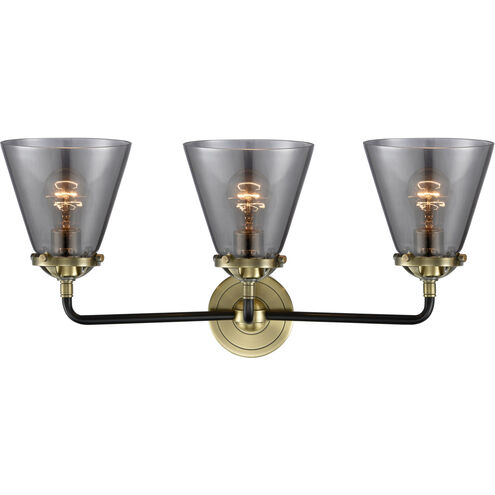 Nouveau Small Cone 3 Light 24 inch Black Antique Brass Bath Vanity Light Wall Light in Plated Smoke Glass, Nouveau