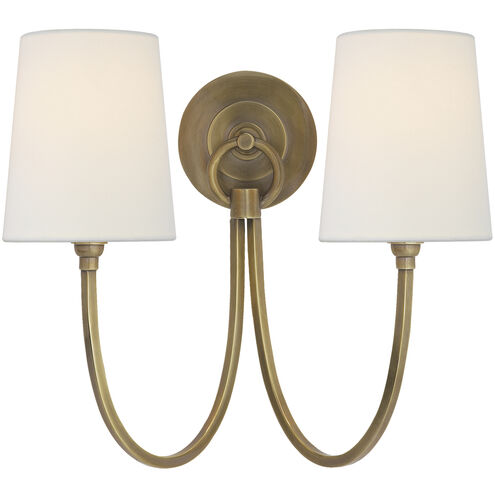 Thomas O'Brien Reed Double Sconce Wall Light in Hand-Rubbed Antique Brass, Linen