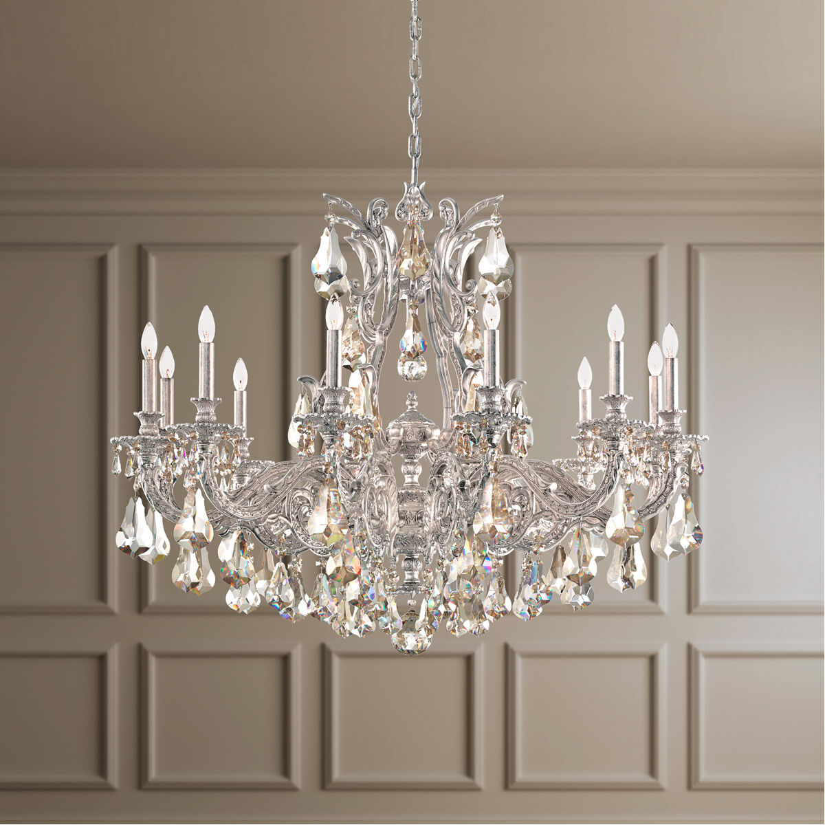 Schonbek 6952 48S Sophia 12 Light Chandelier Antique Silver Clear Crystals from Swarovski