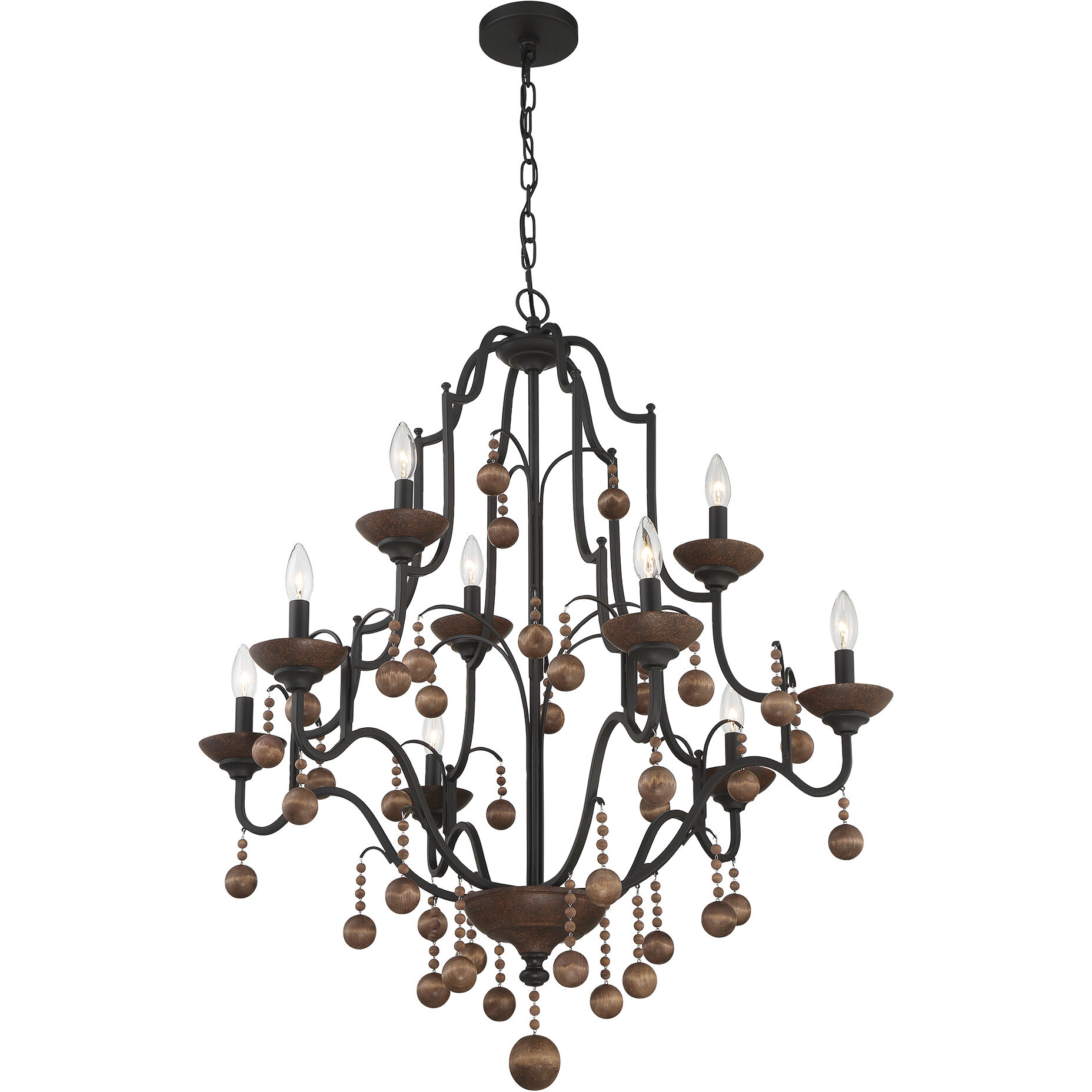 Colonial Charm 9 Light 33 inch Old World Bronze/Walnut Accents Chandelier Ceiling Light