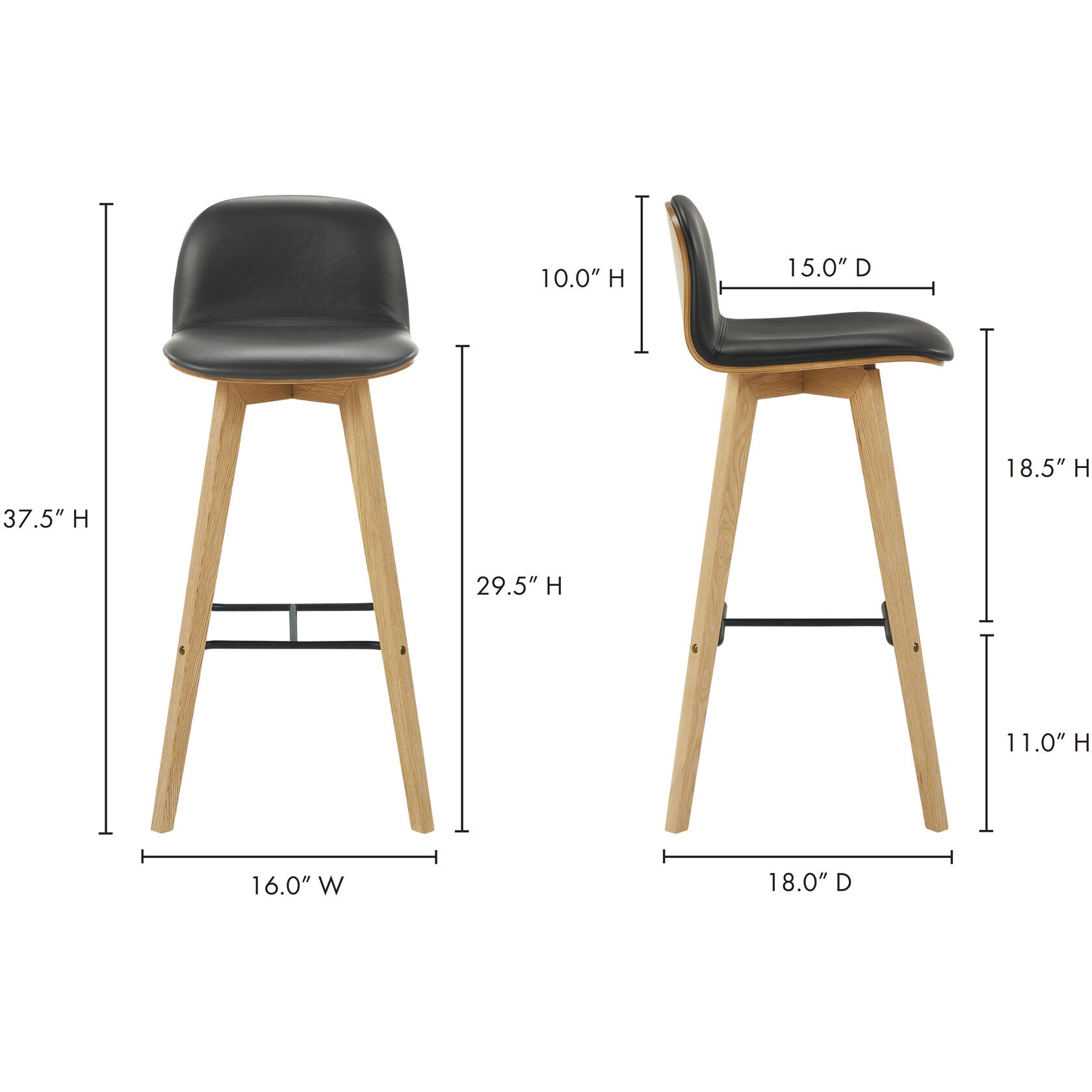 Napoli 37.5 inch Black Barstool, Leather