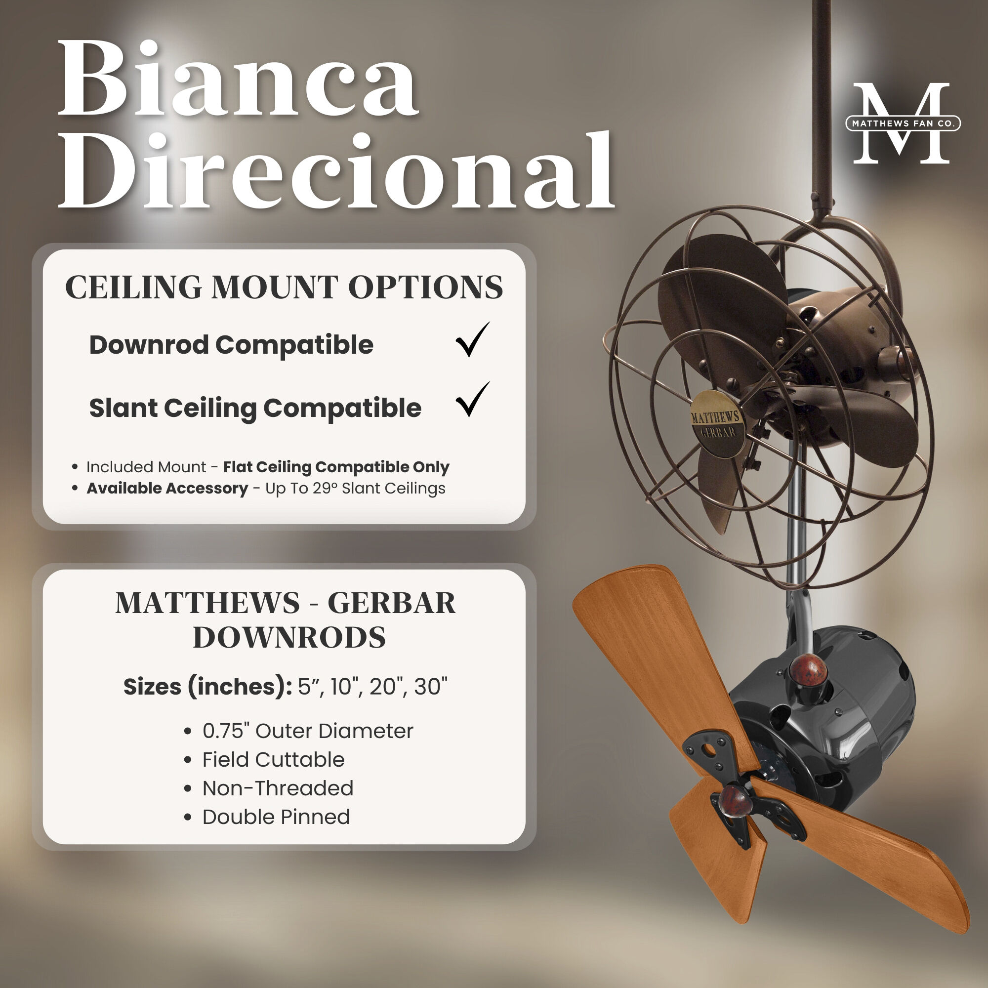 Matthews-Gerbar Bianca Direcional 16 inch Polished Chrome with Solid Mahogany Wood Blades Directional Ceiling Fan, Matthews-Gerbar