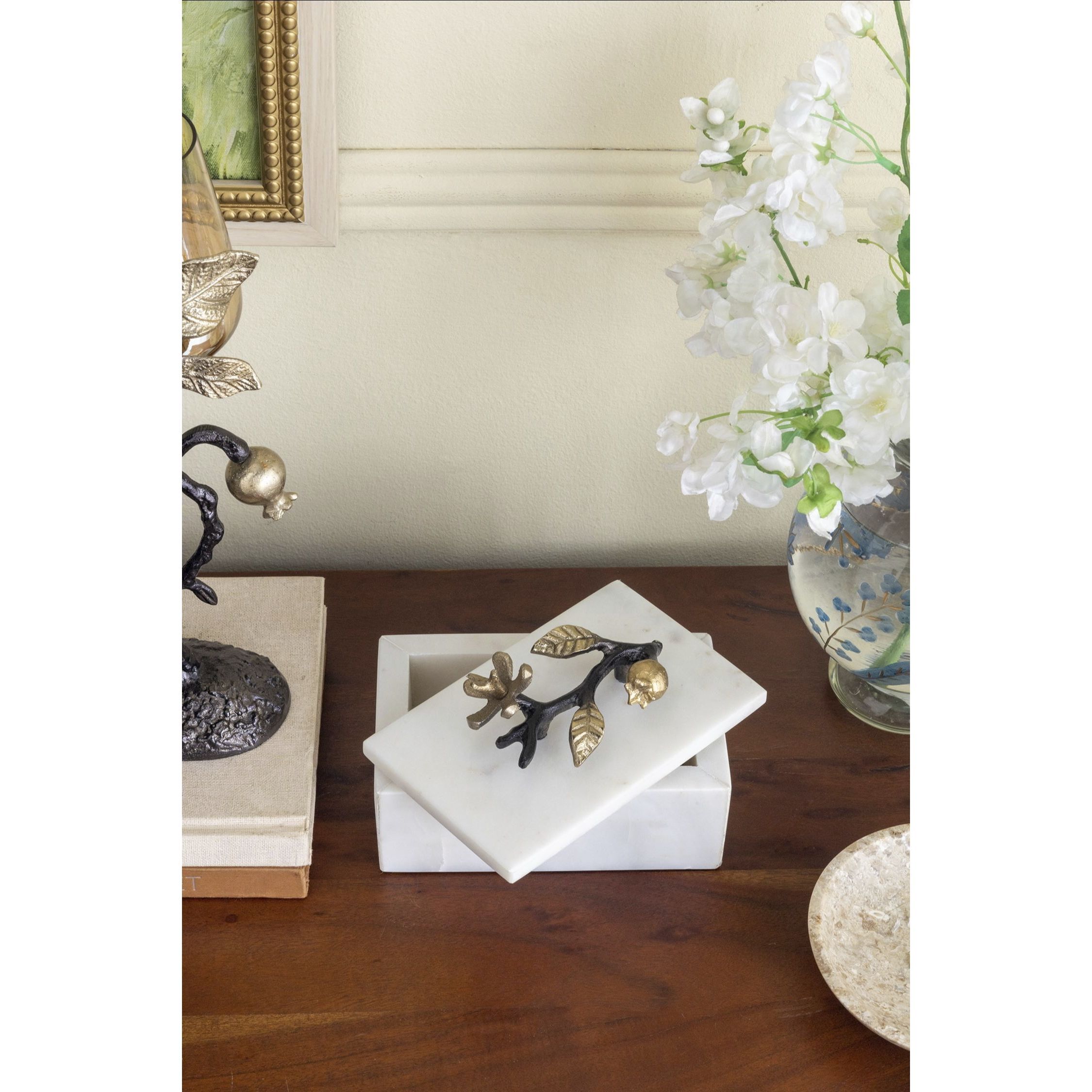 Anita 7.1 inch Natural White and Black and Gold Decorative Storage Box