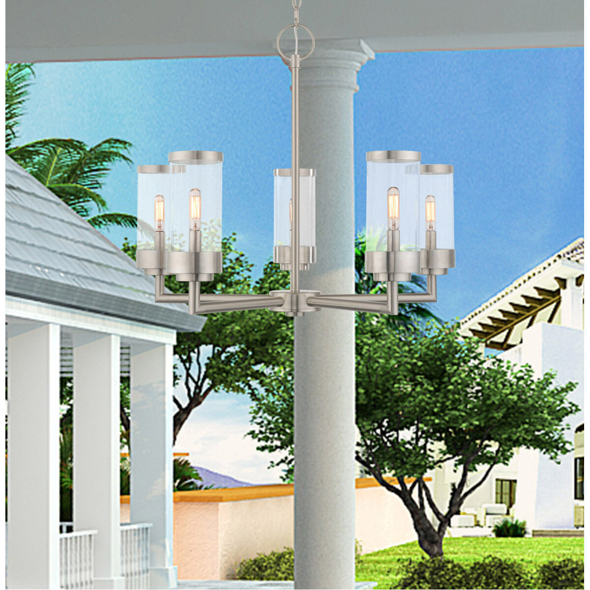 Hillcrest 5 Light 26 inch Brushed Nickel Outdoor Chandelier