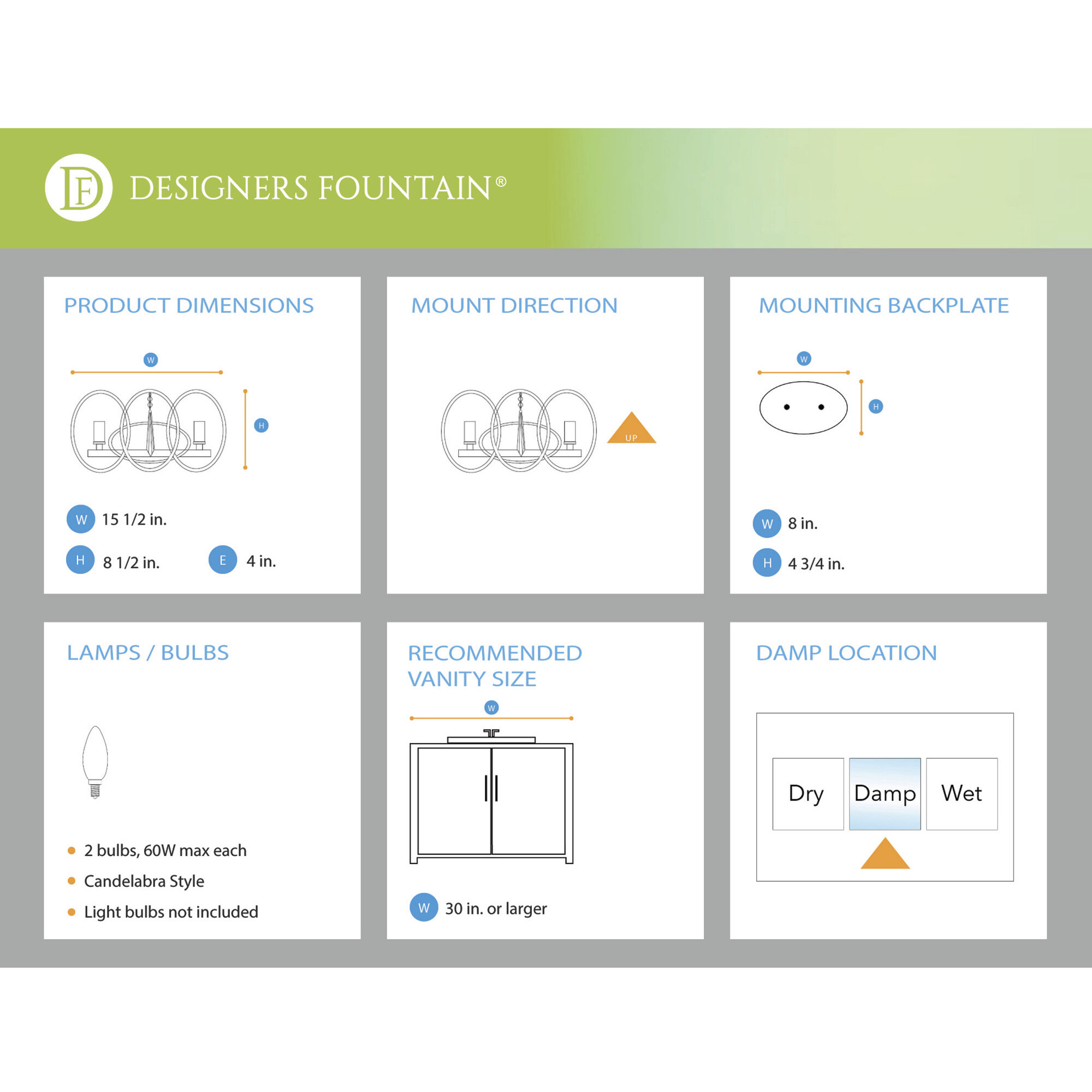 Hutton 2 Light 15.5 inch Sterling Gold Bath Bar Wall Light