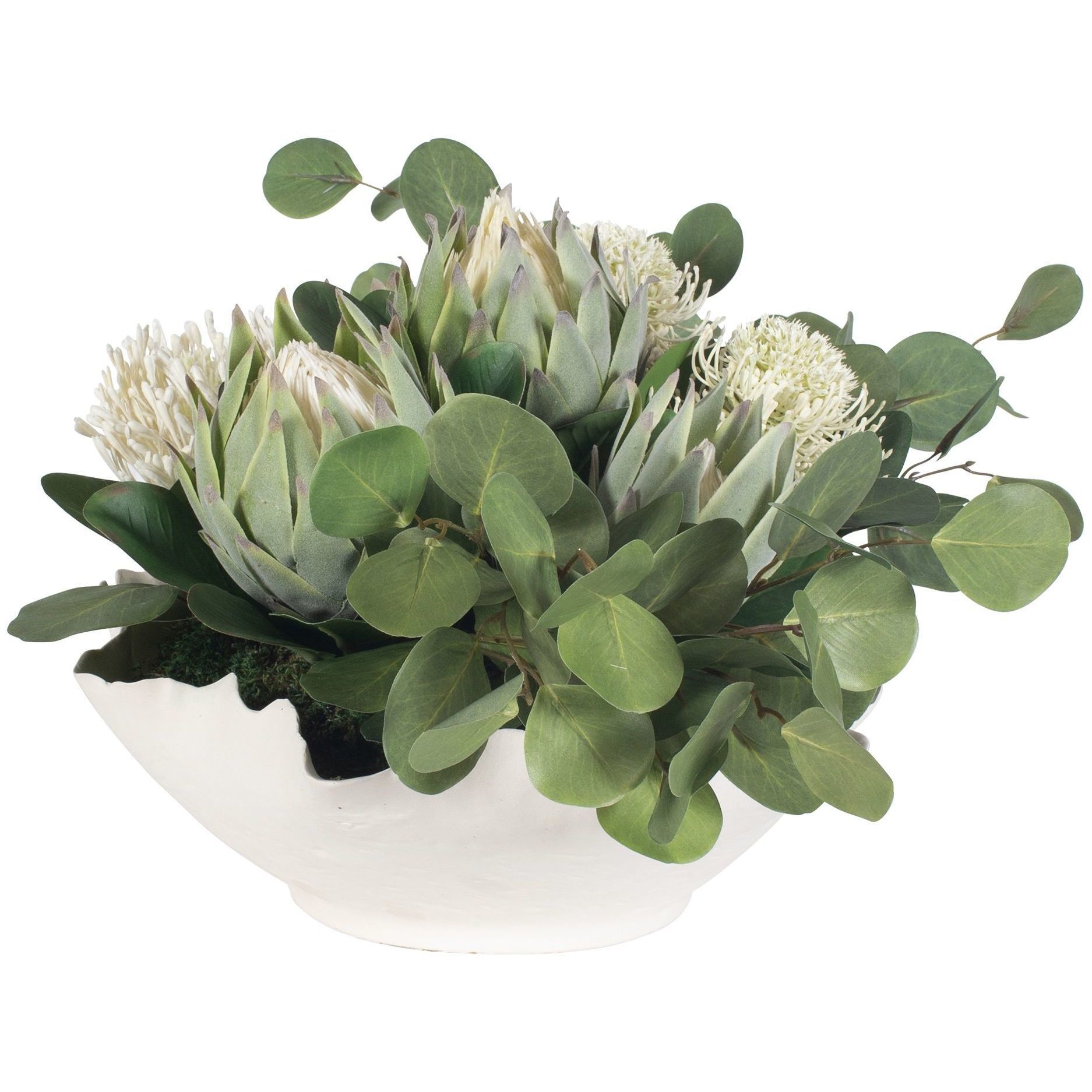 Protea Blooms Off-White and Green Bowl Centerpiece