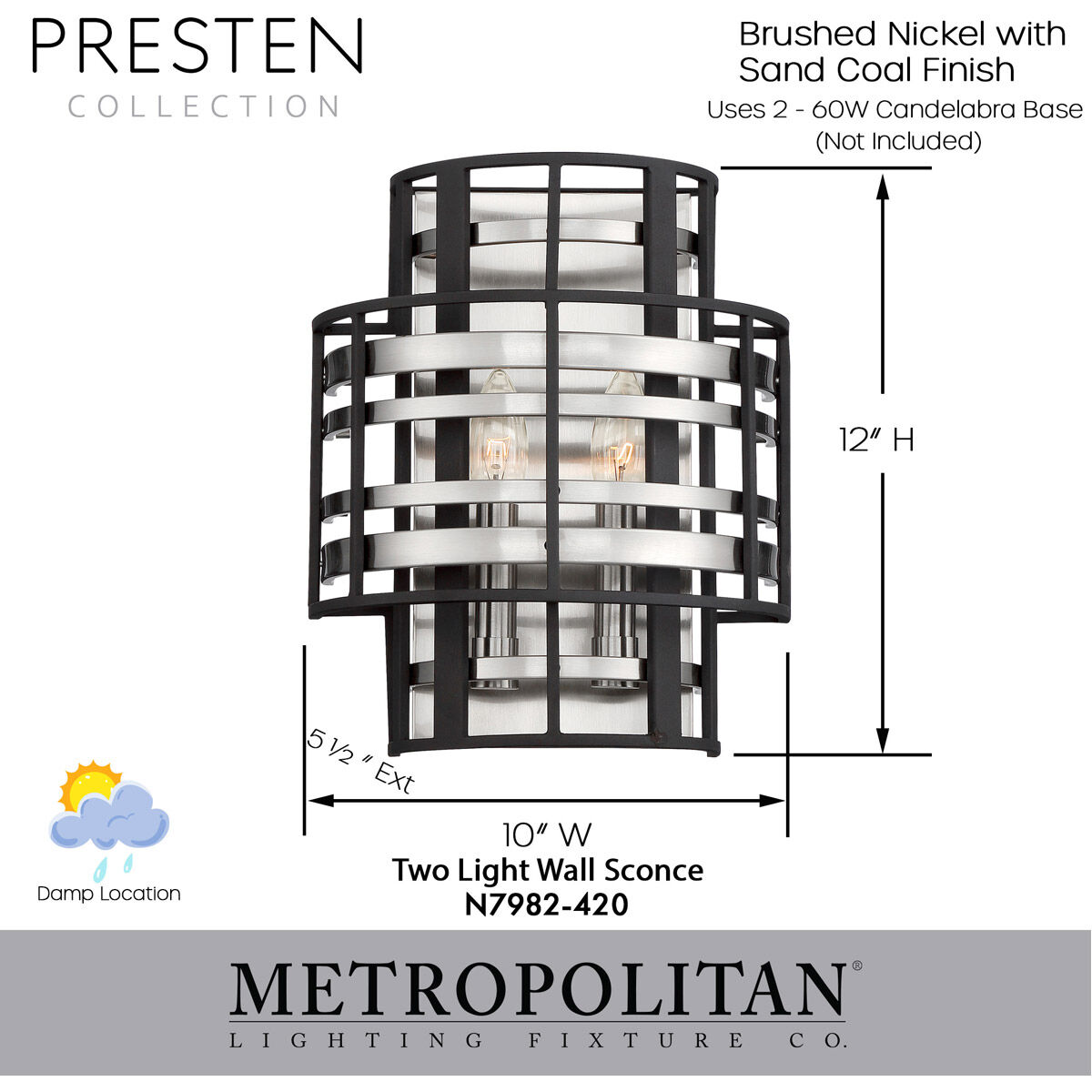 Presten 2 Light 10 inch Brushed Nickel with Sand Coal Wall Sconce Wall Light