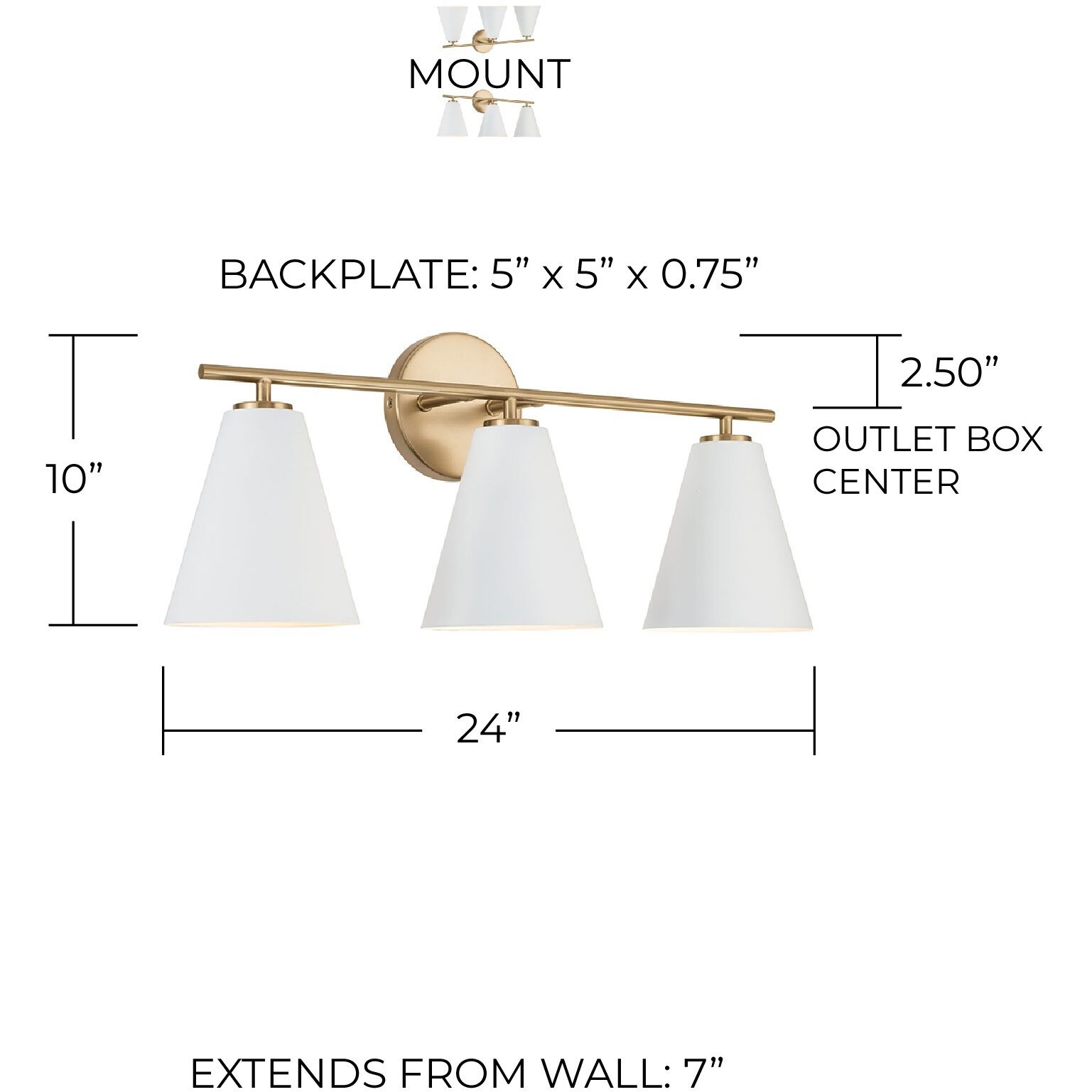 Charlie 3 Light 24 inch Matte Brass Vanity Light Wall Light in Matte White