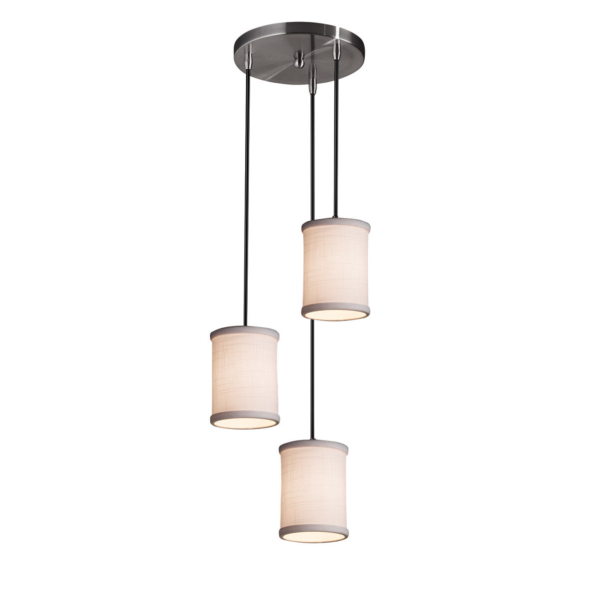 Textile 3 Light 4 inch Brushed Nickel Pendant Ceiling Light in Black Cord, White, Cylinder with Flat Rim, Incandescent