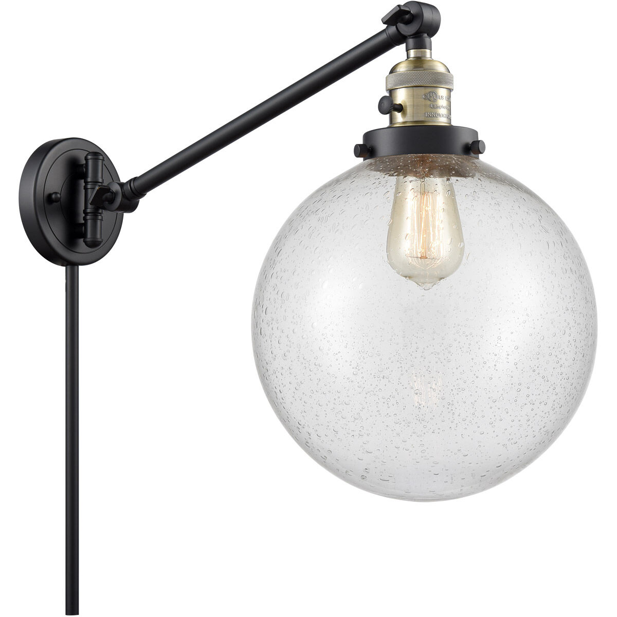 X-Large Beacon 18 inch 3.5 watt Black Antique Brass Swing Arm Wall Light in Seedy Glass, Franklin Restoration