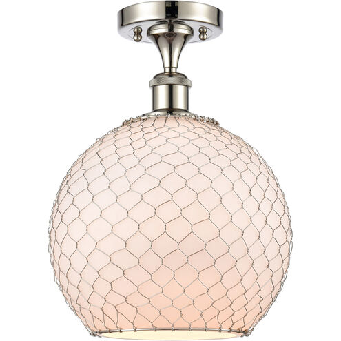 Ballston Large Farmhouse Chicken Wire 1 Light 10 inch Polished Nickel Semi-Flush Mount Ceiling Light in White Glass with Nickel Wire, Ballston