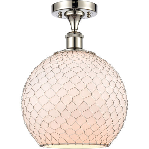 Ballston Large Farmhouse Chicken Wire LED 10 inch Polished Nickel Semi-Flush Mount Ceiling Light in White Glass with Nickel Wire, Ballston