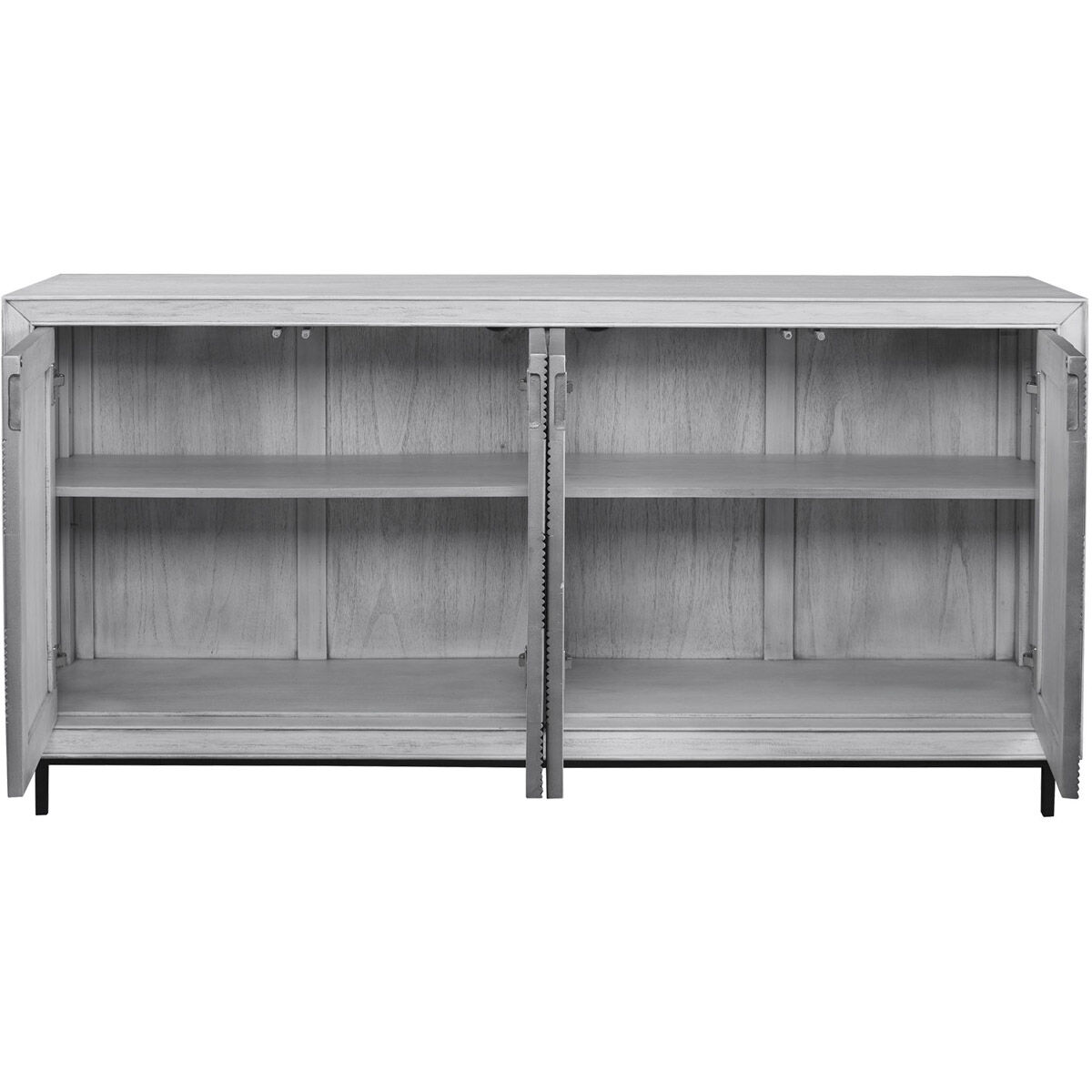 Checkerboard White Washed and Pewter Gray with Matte Black 4 Door Cabinet