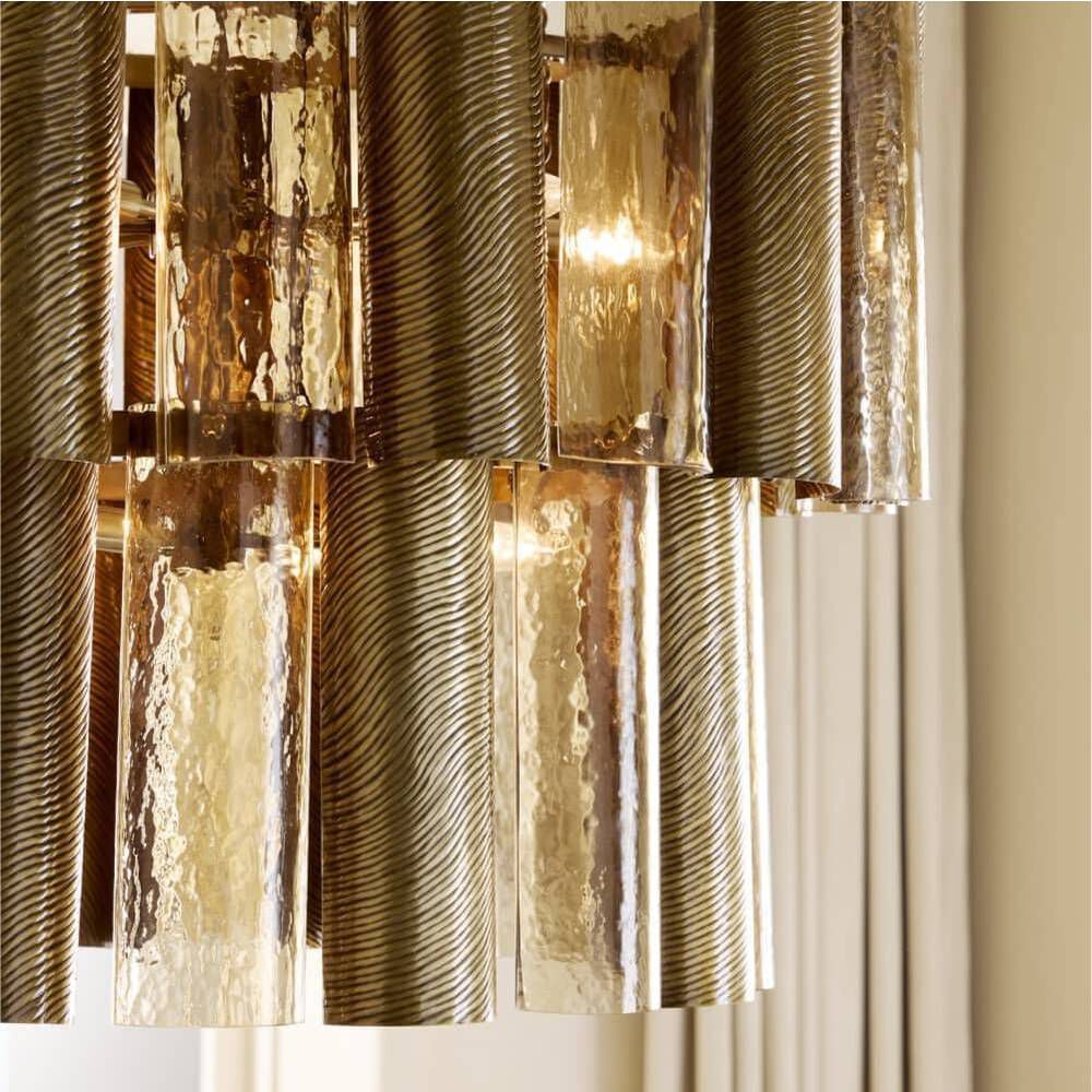 Faramond 10 Light 35 inch Vintage Brass and Hammered Smoke Slump Glass Chandelier Ceiling Light