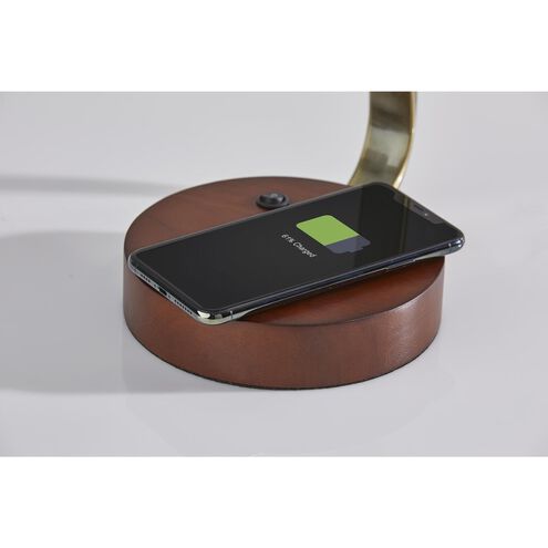 Louie 19 inch 60.00 watt Antique Brass with Walnut Rubberwood Base Table Lamp Portable Light, with AdessoCharge Wireless Charging Pad and USB Port