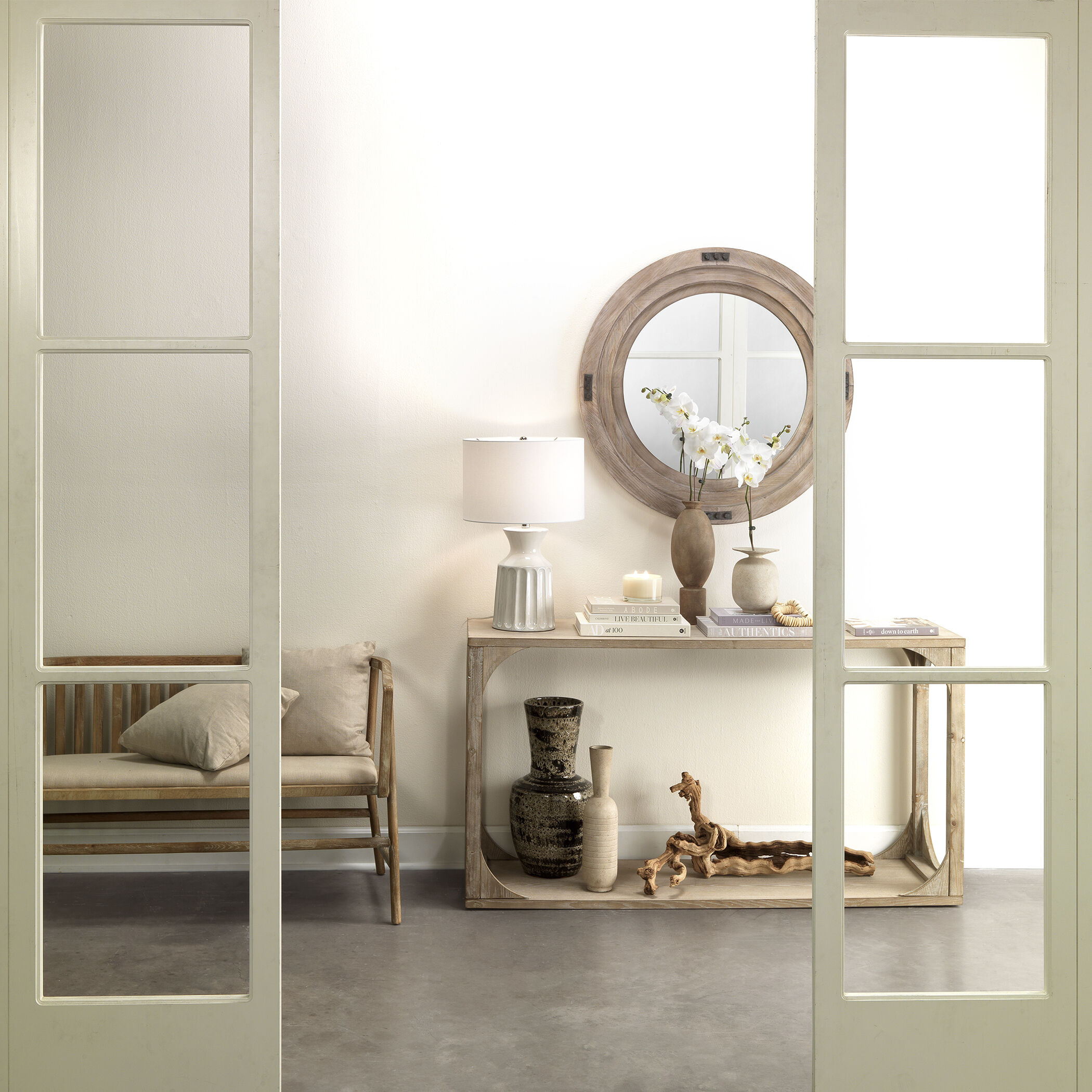 Grayson Off White Linen & Grey Washed Wood Settee