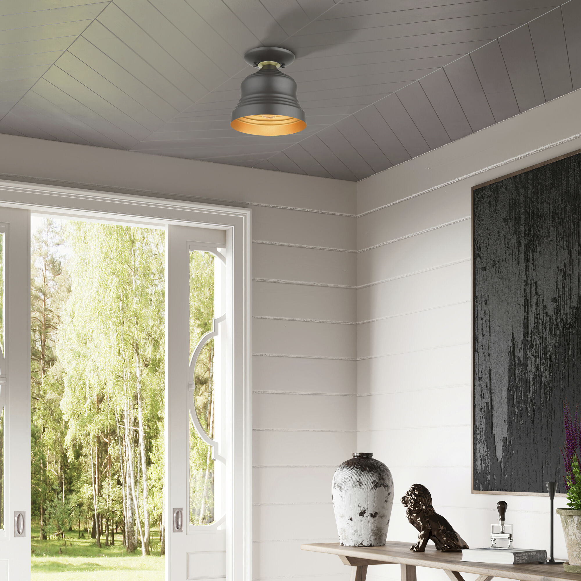 Endicott 1 Light 7 inch Bronze with Antique Brass Finish Accents Bell Semi-Flush Ceiling Light in Bronze with Antique Brass Accents, Petite