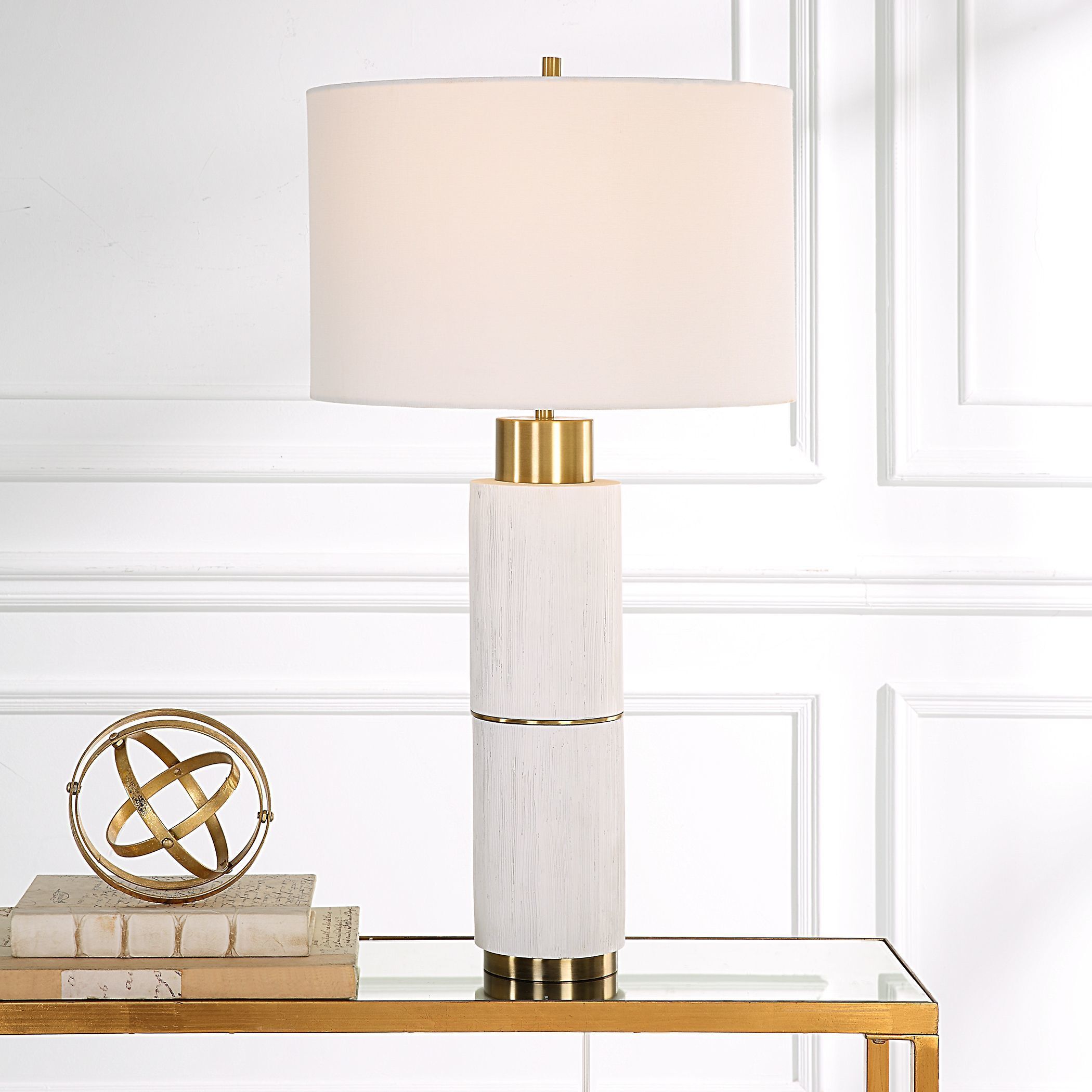 Ruse 30 inch 150 watt Whitewashed Wood and Brushed Brass Table Lamp Portable Light