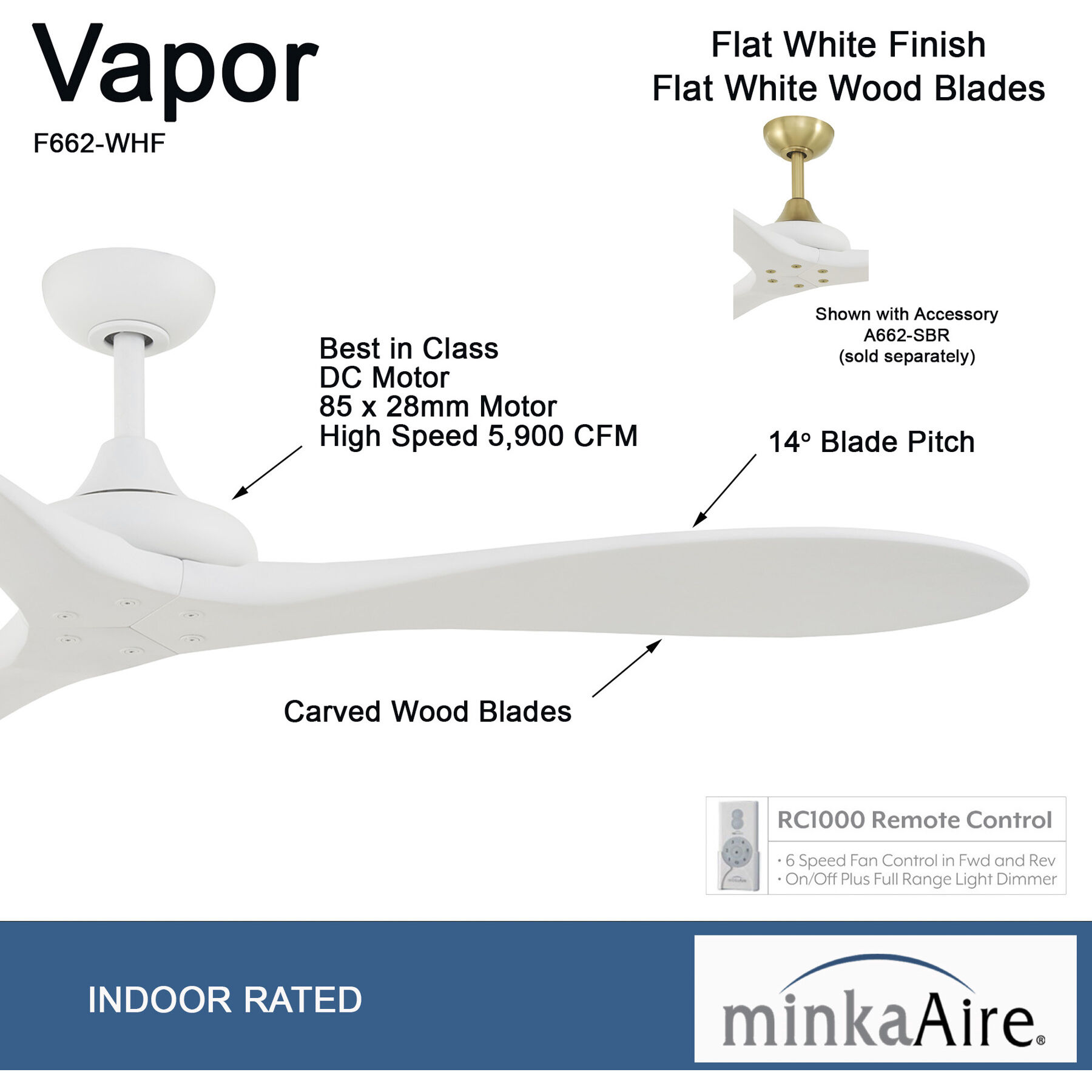 Vapor 60 inch Flat White with White Blades Ceiling Fan
