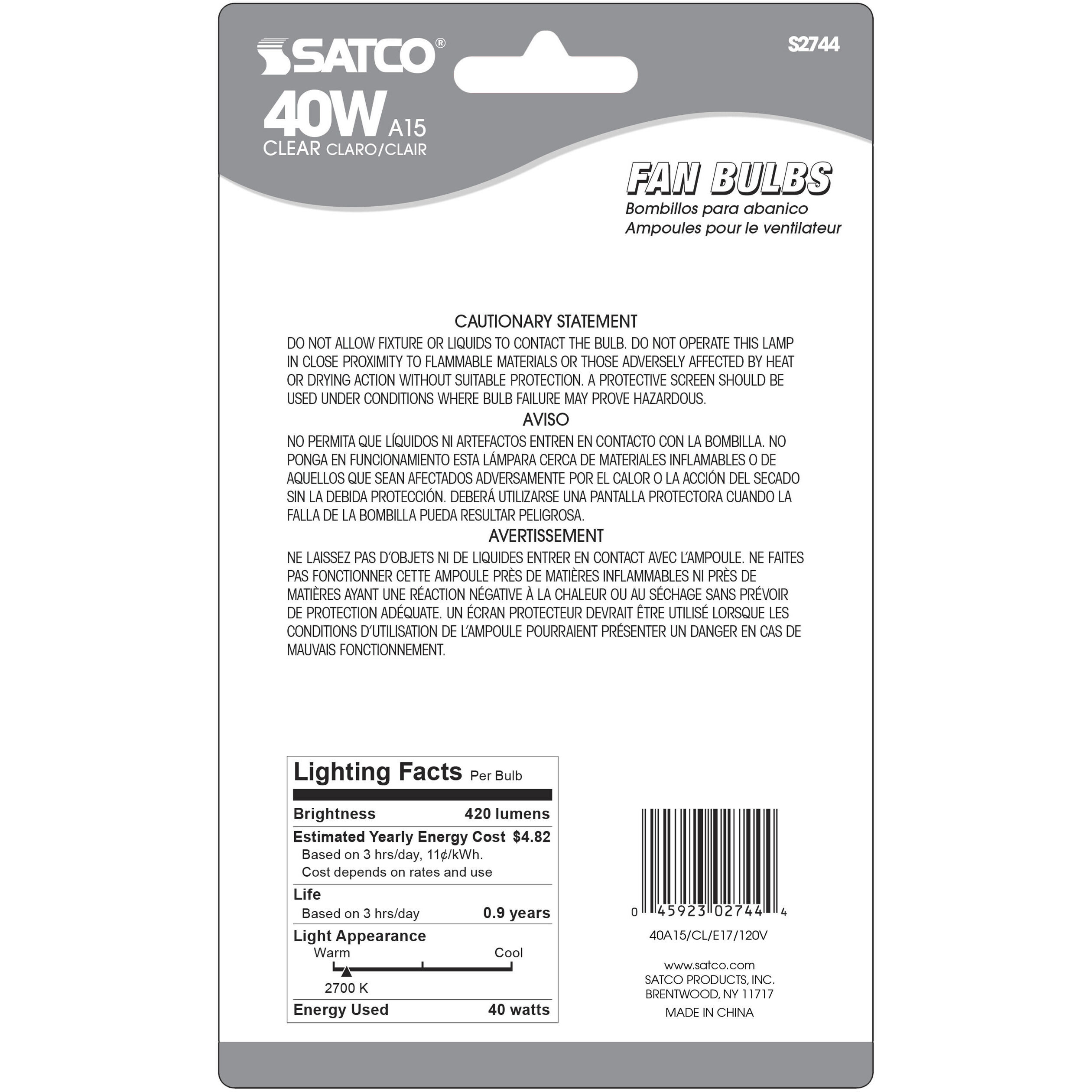 Lumos Incandescent A15 Intermediate E17 40 watt 120V 2700K Light Bulb