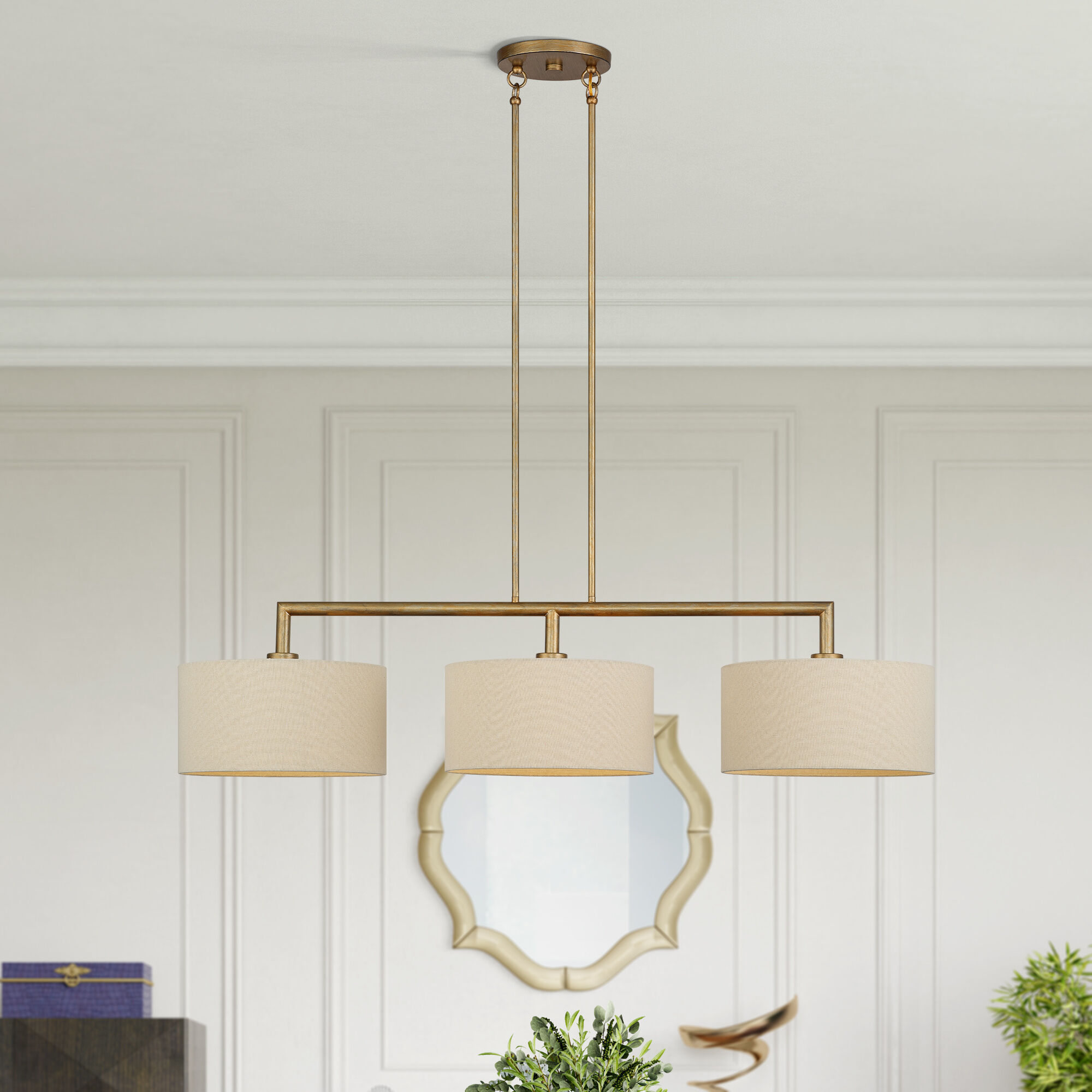 Bellingham 3 Light 51 inch Antique Gold Leaf Linear Chandelier Ceiling Light, Extra Large