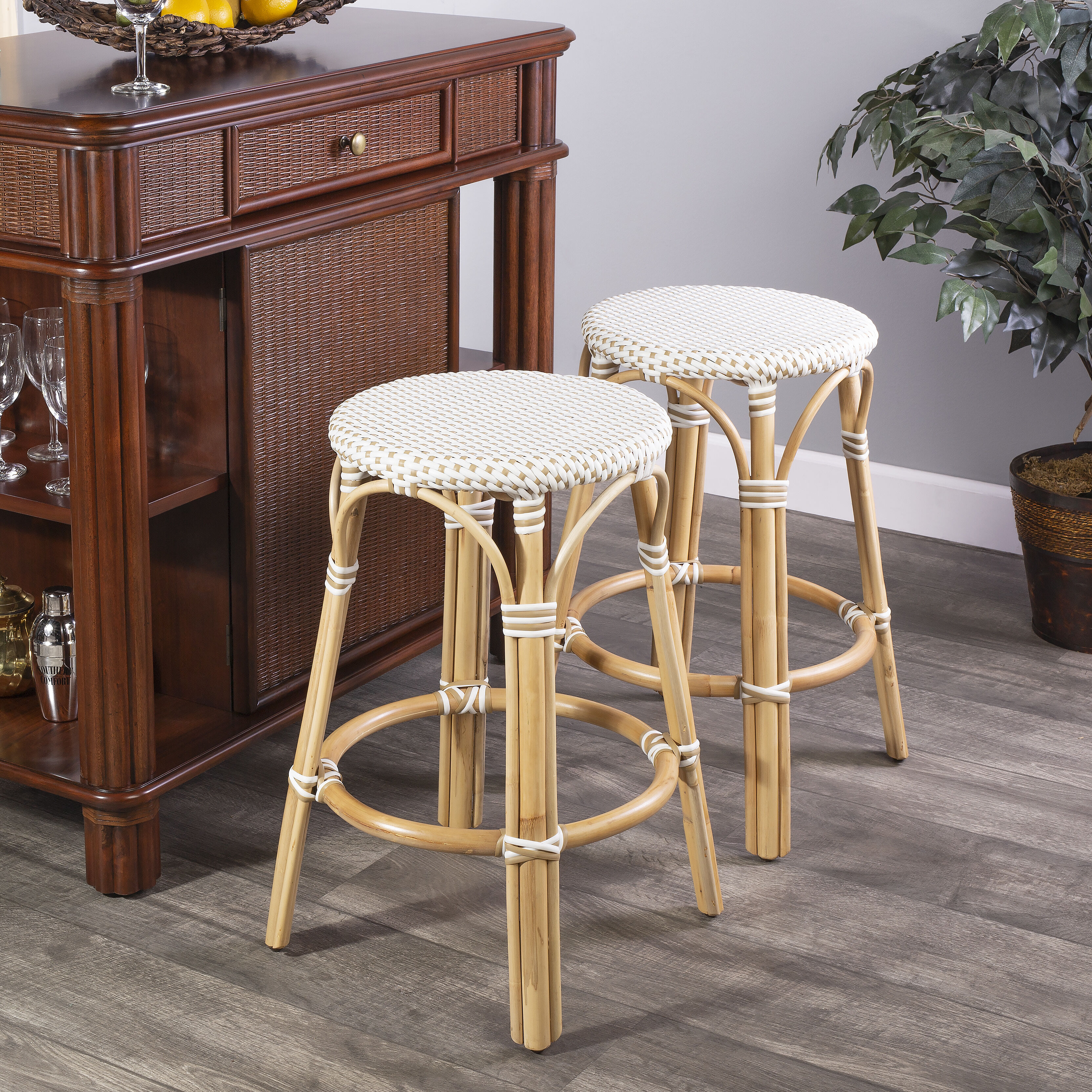 Tobias Beige & White Rattan Bar Stool