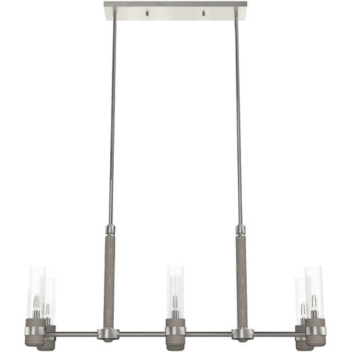 River Mill 6 Light 36.5 inch Brushed Nickel and Gray Wood Linear Chandelier Ceiling Light