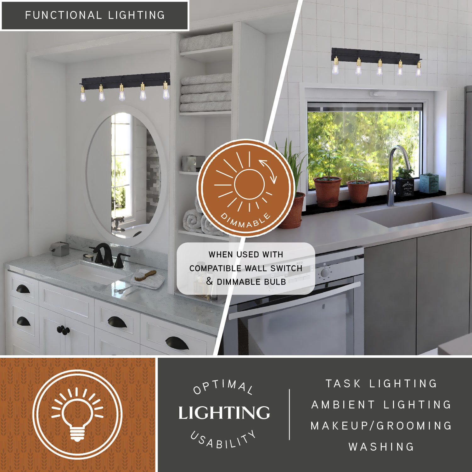 Seward Park 5 Light 36 inch Black and Satin Brass Bathroom Vanity Wall Light, Full Backplate