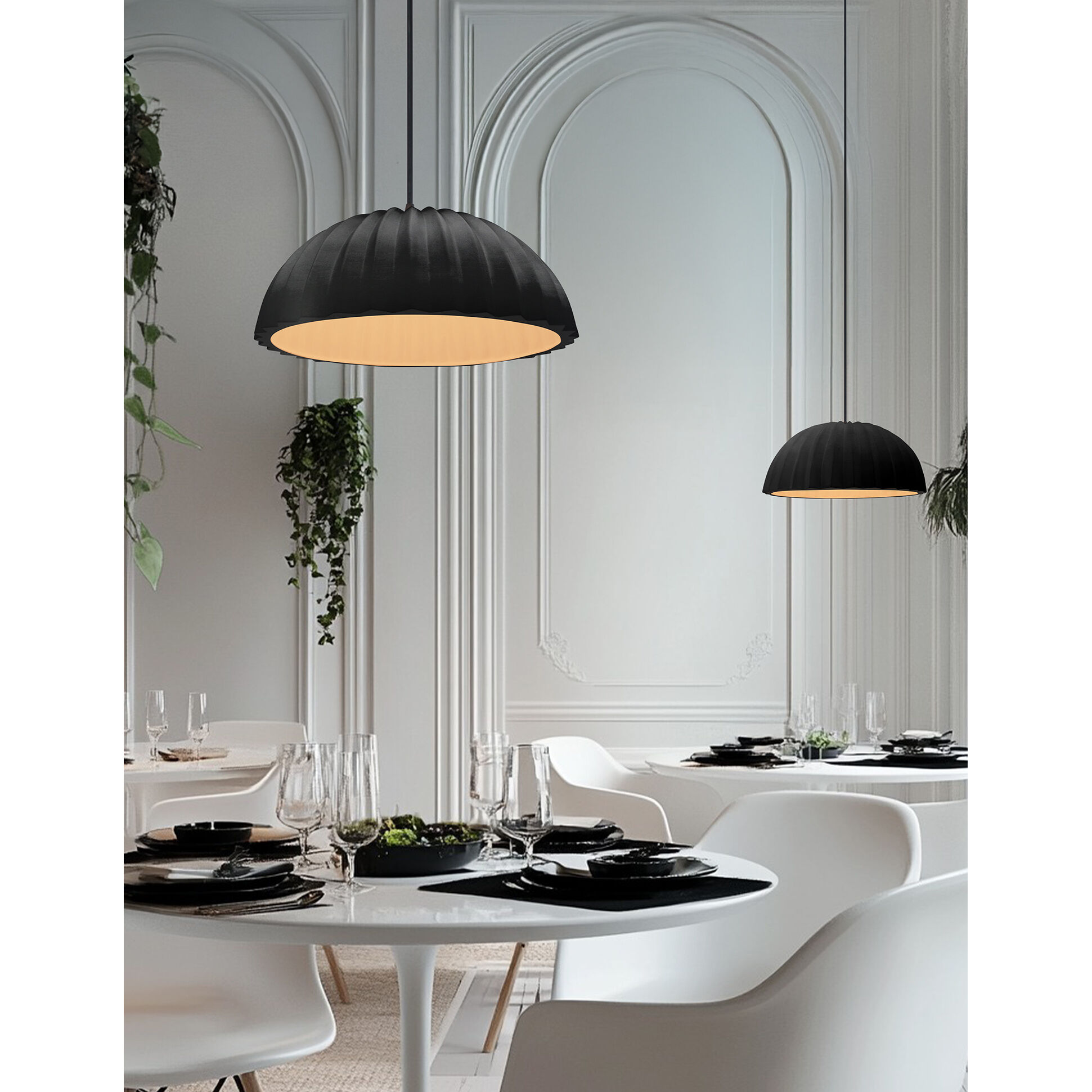 Radiance Collection - Pleated Dome Pendant Ceiling Light in Matte Black, Dedicated LED, Black Cord, Carbon Matte Black/Champagne Gold, Form+Finish+Function