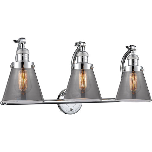 Franklin Restoration Small Cone 3 Light 28 inch Polished Chrome Bath Vanity Light Wall Light in Plated Smoke Glass, Franklin Restoration