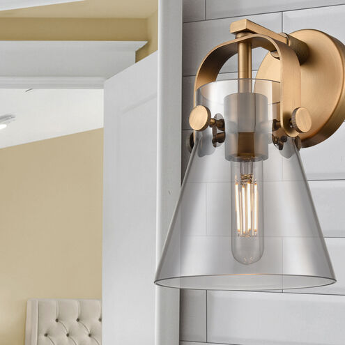 Pilaster II Cone Sconce Wall Light in Brushed Brass, Light Smoke Glass